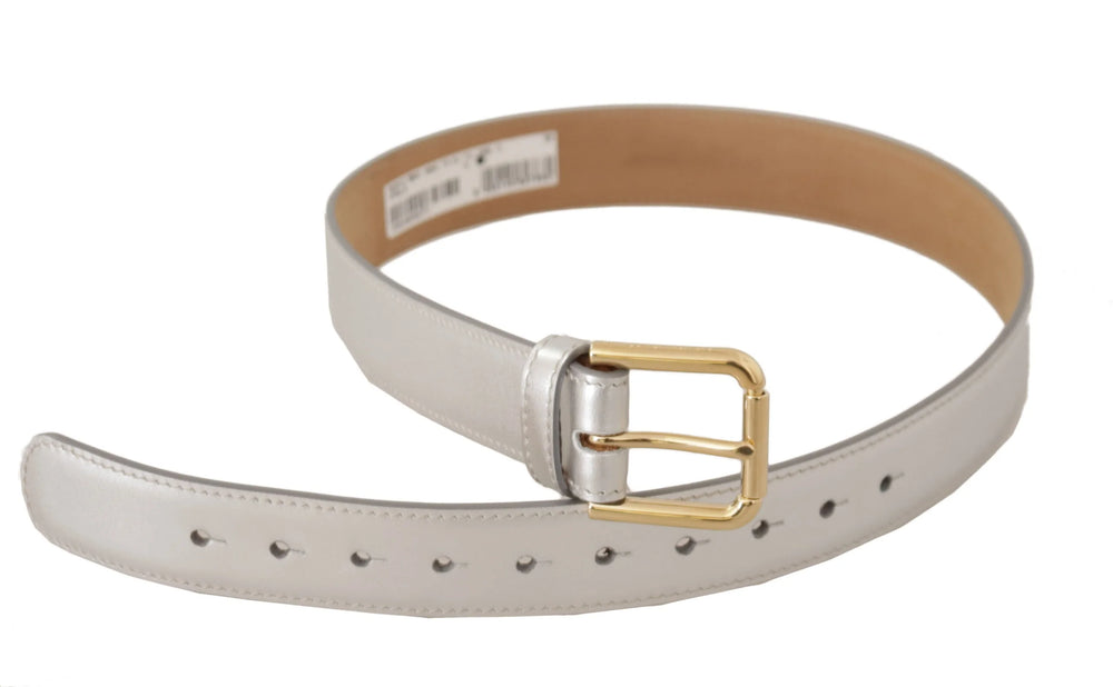 Dolce & Gabbana Silver Leather Gold Tone Logo Metal Buckle Belt - 65 cm / 26 Inches - Belts
