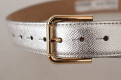 Dolce & Gabbana Silver Leather Gold Tone Logo Metal Waist Buckle Belt - 65 cm / 26 Inches - Belts