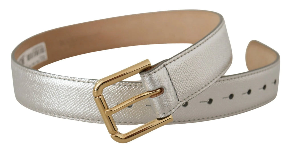 Dolce & Gabbana Silver Leather Gold Tone Logo Metal Waist Buckle Belt - 65 cm / 26 Inches - Belts