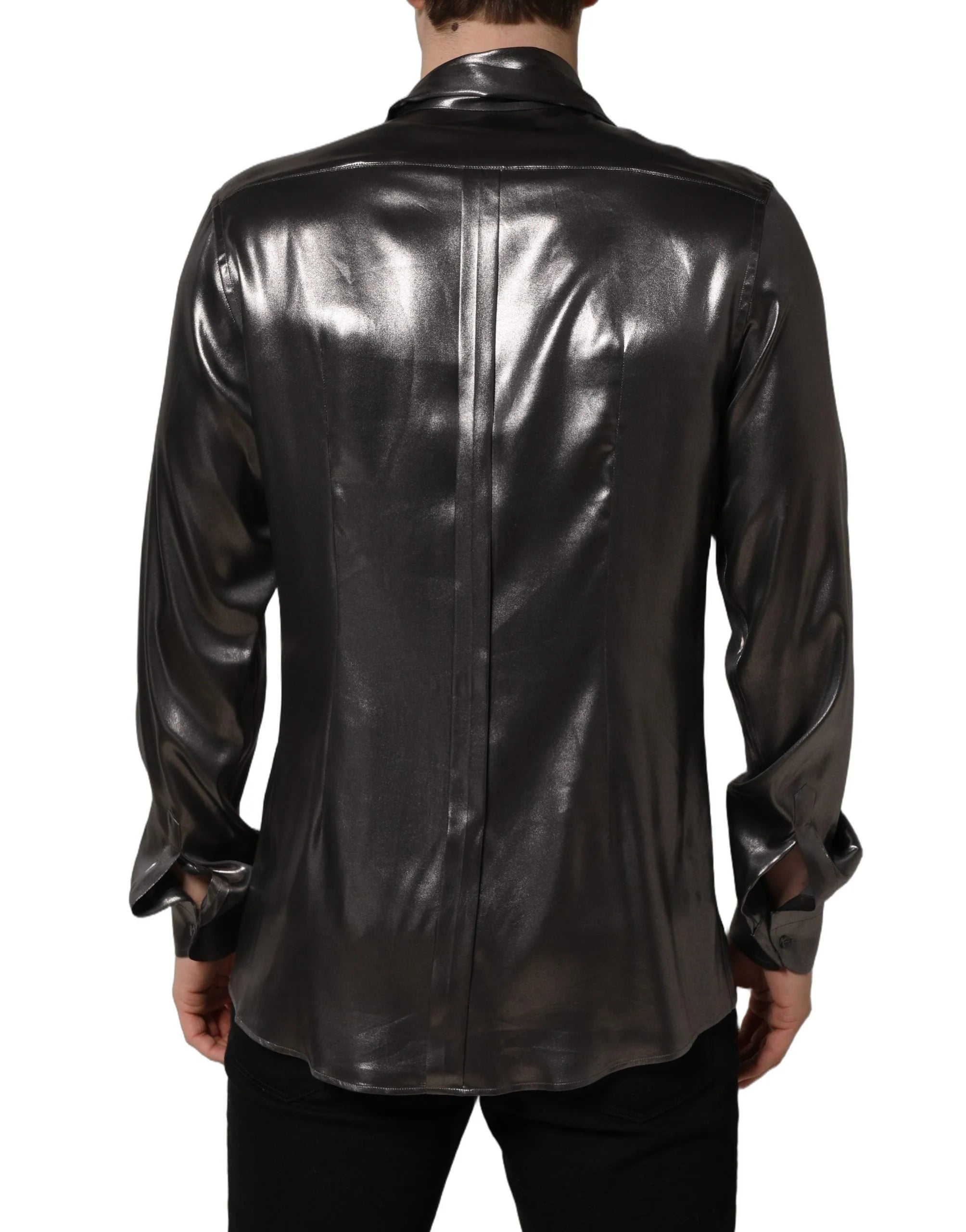 Dolce & Gabbana Silver Satin Silk Long Sleeves Men Dress Shirt - IT40 | M