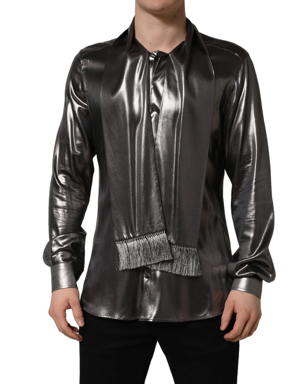Dolce & Gabbana Silver Satin Silk Long Sleeves Men Dress Shirt - IT40 | M