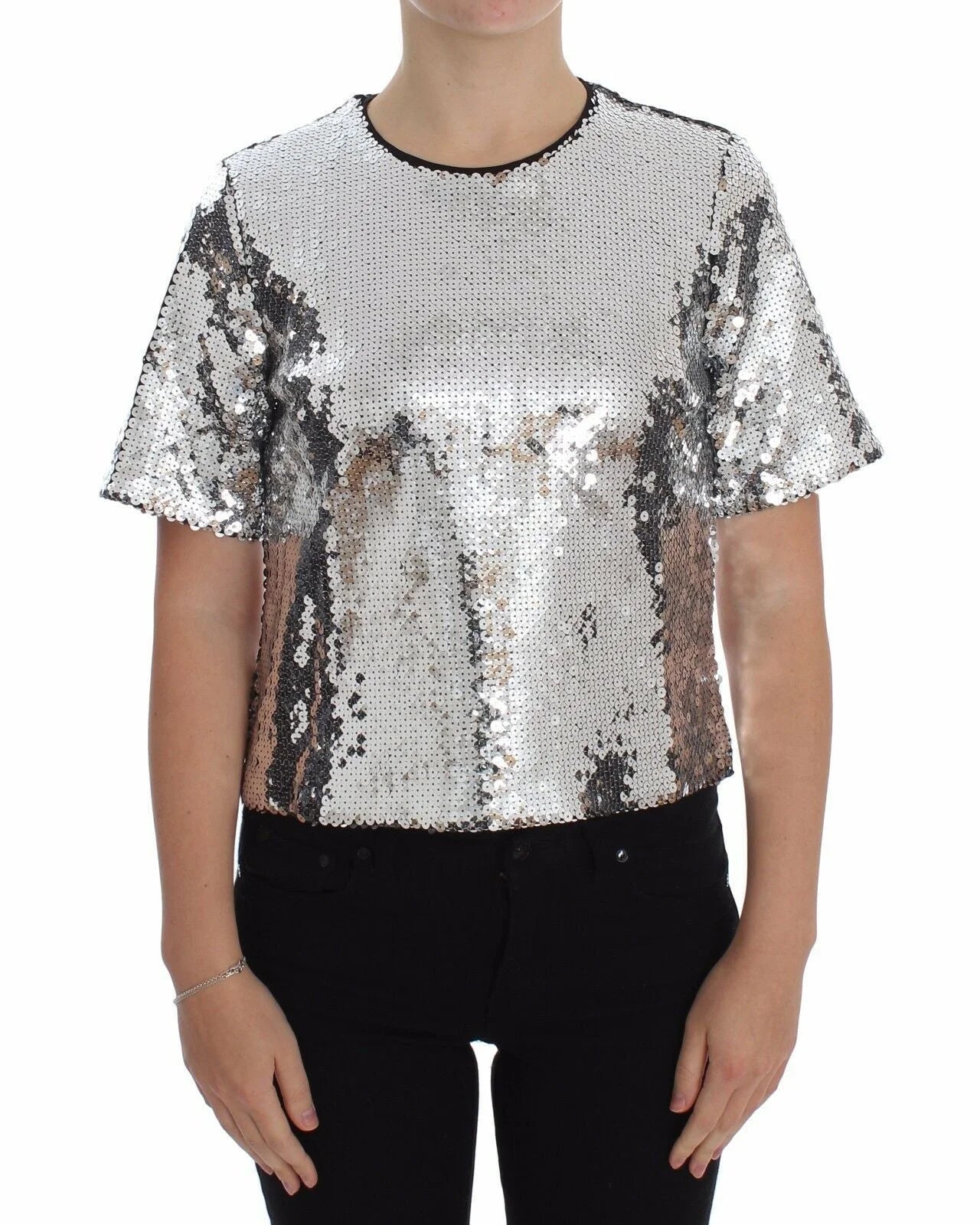 Dolce & Gabbana Silver Sequined Crewneck Blouse T-shirt Top - Blouses