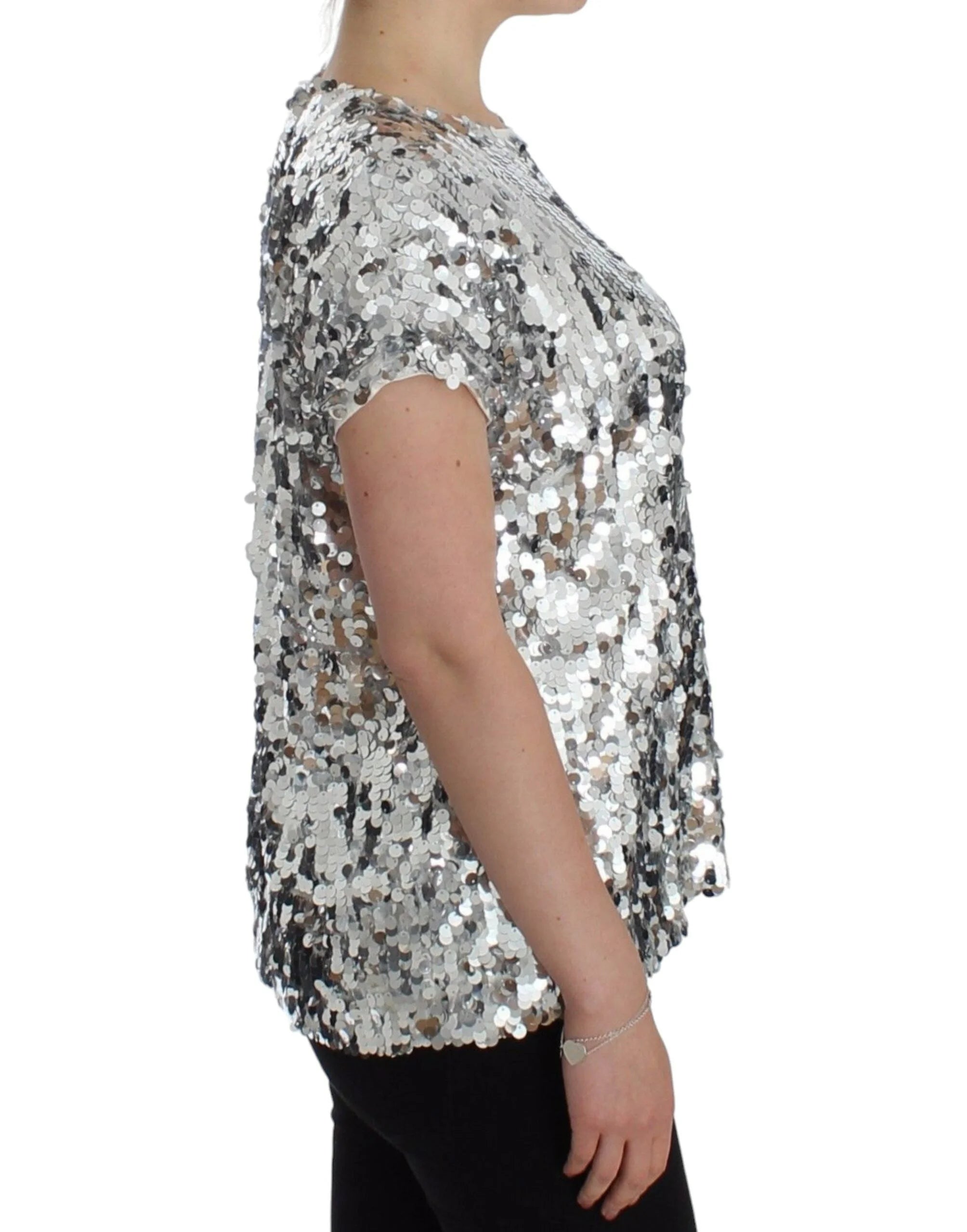 Dolce & Gabbana Silver Sequined Crewneck Blouse T-shirt Top - Blouses