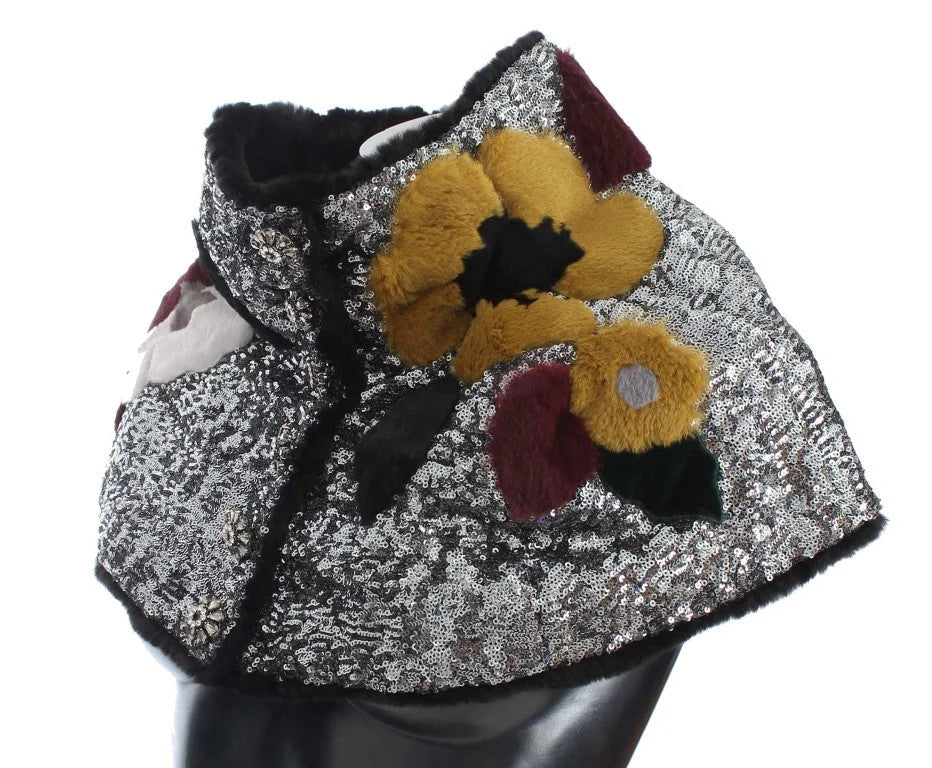 Dolce & Gabbana Silver Sequined Floral Weasel Fur Shoulder Scarf Wrap - Scarves & Shawls
