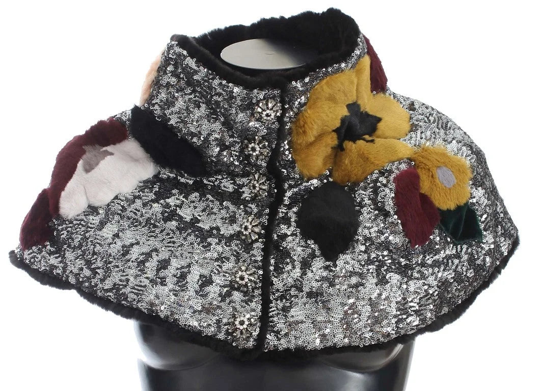 Dolce & Gabbana Silver Sequined Floral Weasel Fur Shoulder Scarf Wrap - Scarves & Shawls