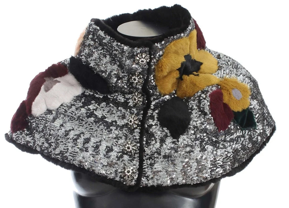Dolce & Gabbana Silver Sequined Floral Weasel Fur Shoulder Scarf Wrap - Scarves & Shawls