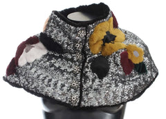 Dolce & Gabbana Silver Sequined Floral Weasel Fur Shoulder Scarf Wrap - Scarves & Shawls