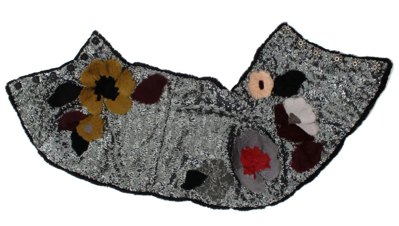 Dolce & Gabbana Silver Sequined Floral Weasel Fur Shoulder Scarf Wrap - Scarves & Shawls