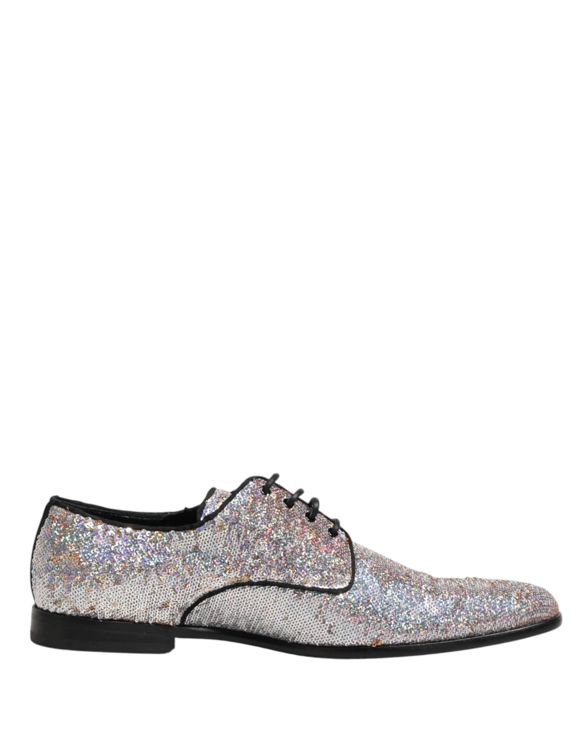 Dolce & Gabbana Silver Sequined Lace Up Men Derby Dress Shoes - EU44/US11