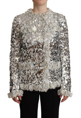 Dolce & Gabbana Silver Sequined Shearling Long Sleeves Jacket - IT40|S - Coats & Jackets