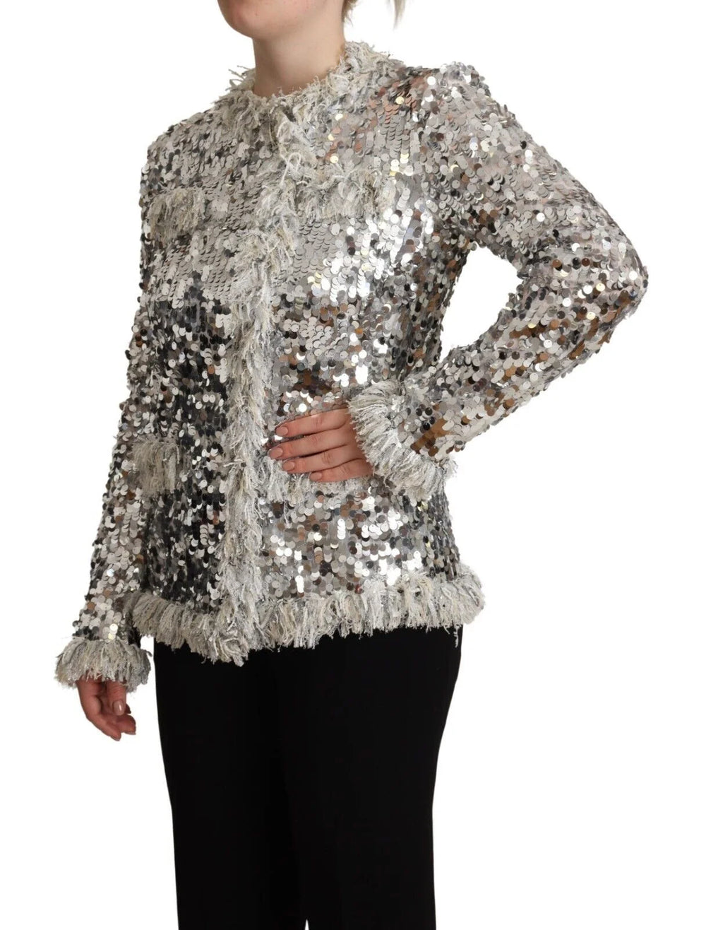 Dolce & Gabbana Silver Sequined Shearling Long Sleeves Jacket - IT40|S - Coats & Jackets