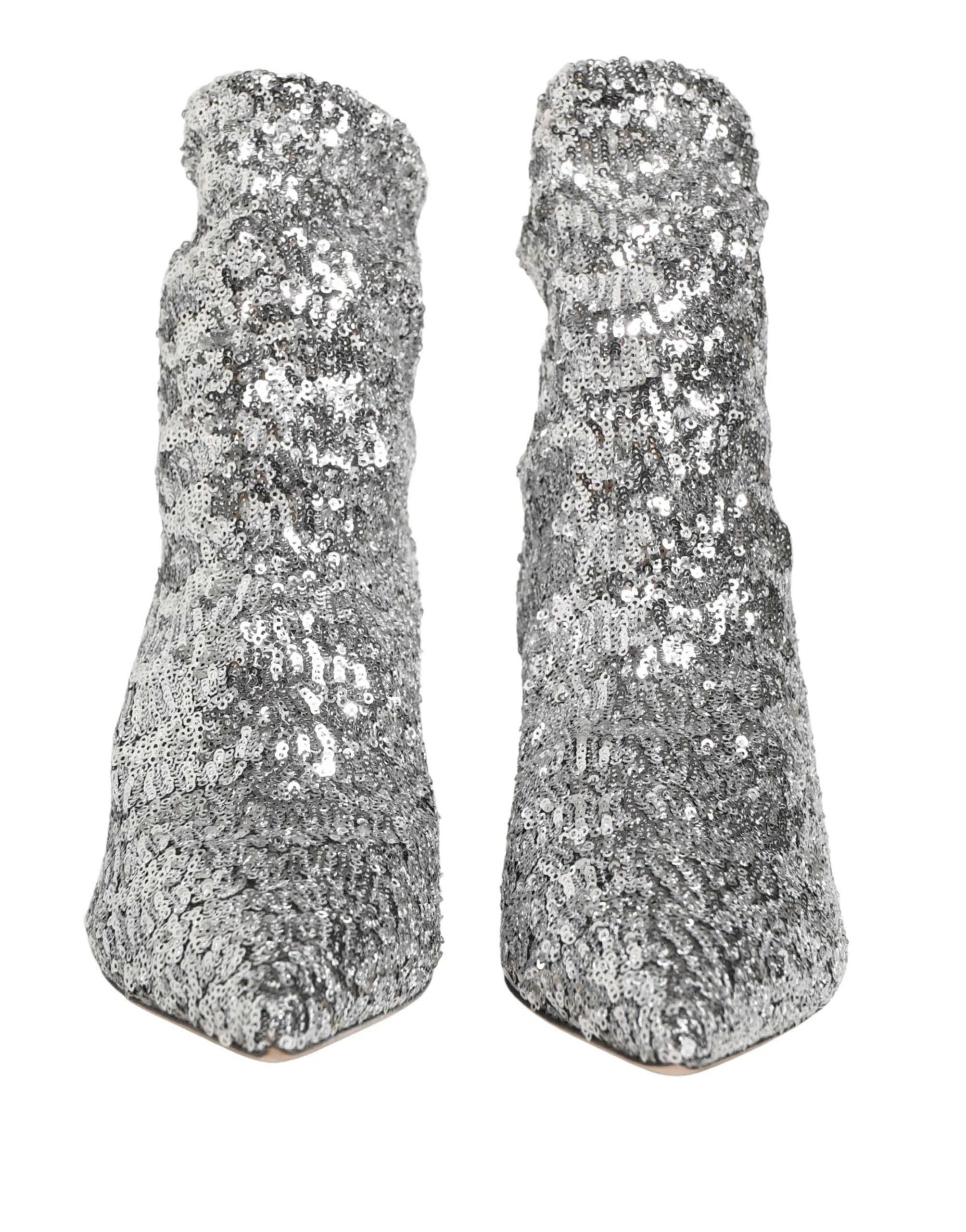 Dolce & Gabbana Silver Sequined Short Boots Stretch Shoes