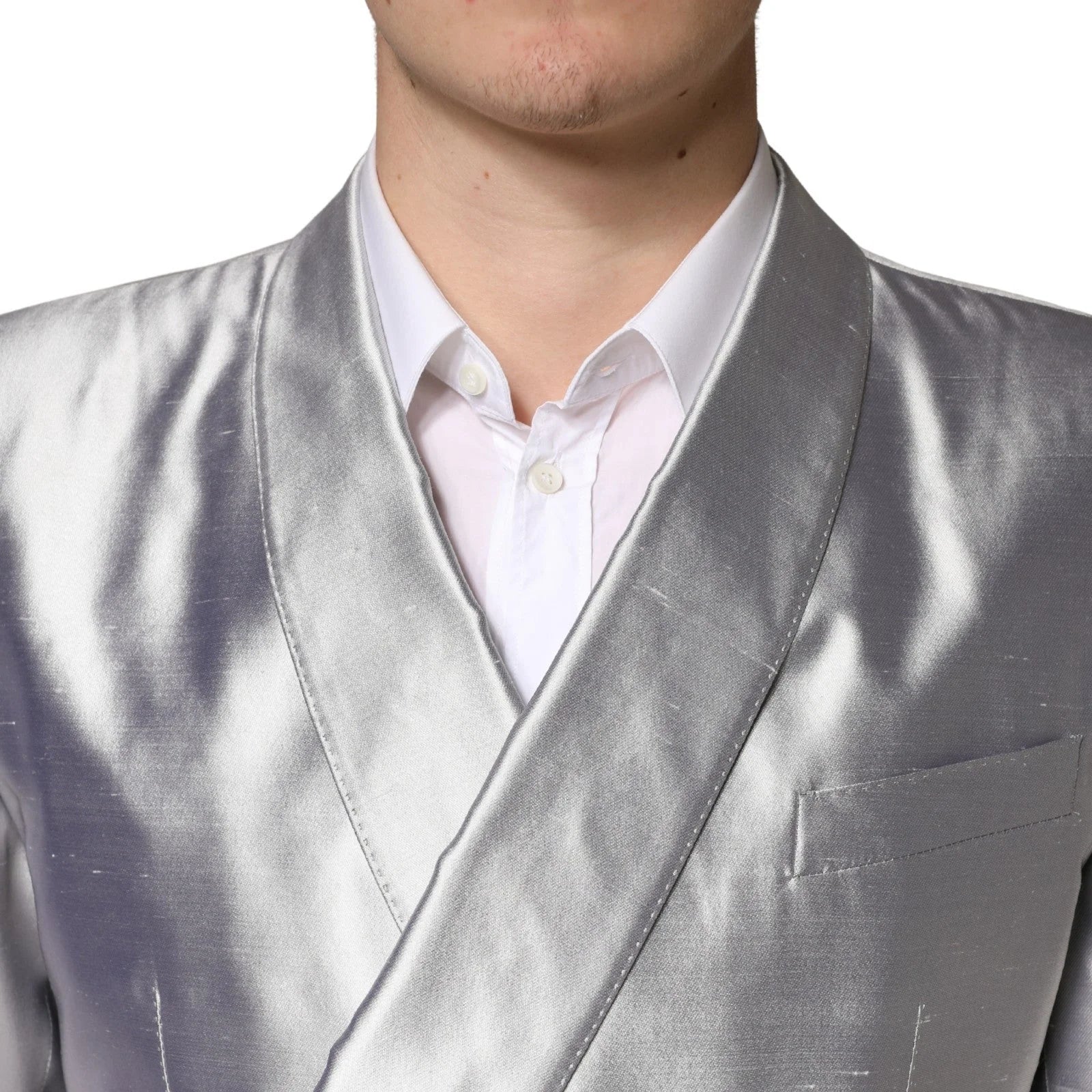 Dolce & Gabbana Silver SICILIA Silk Double Breasted Blazer - IT48 | M