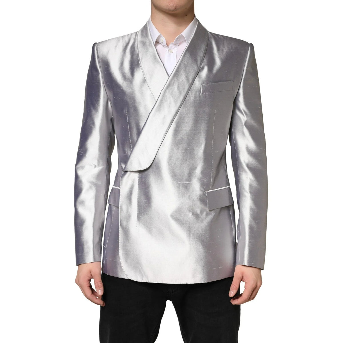 Dolce & Gabbana Silver SICILIA Silk Double Breasted Blazer - IT48 | M