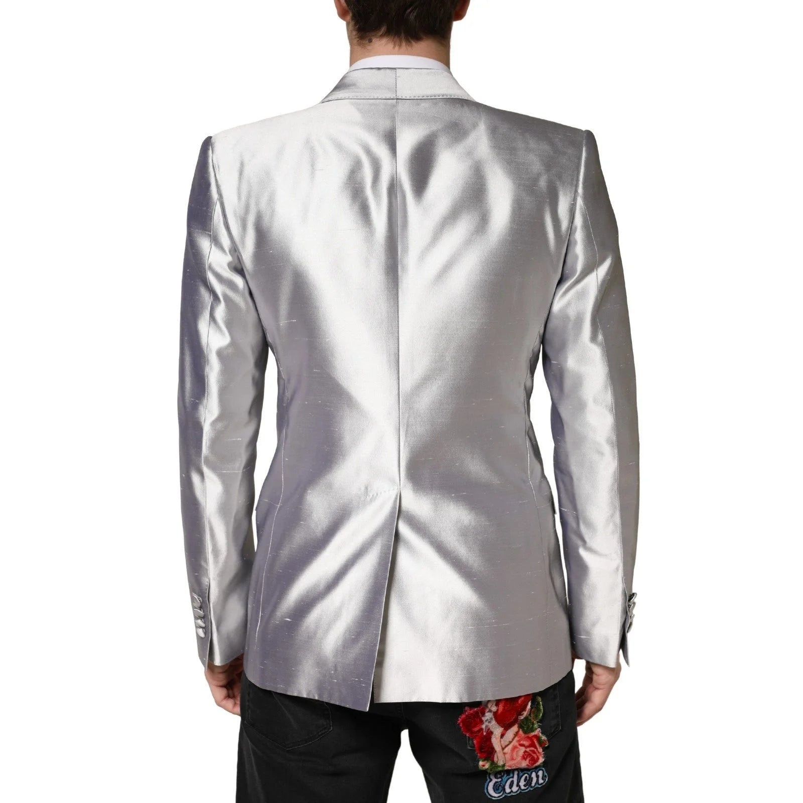 Dolce & Gabbana Silver SICILIA Silk Double Breasted Blazer - IT48 | M