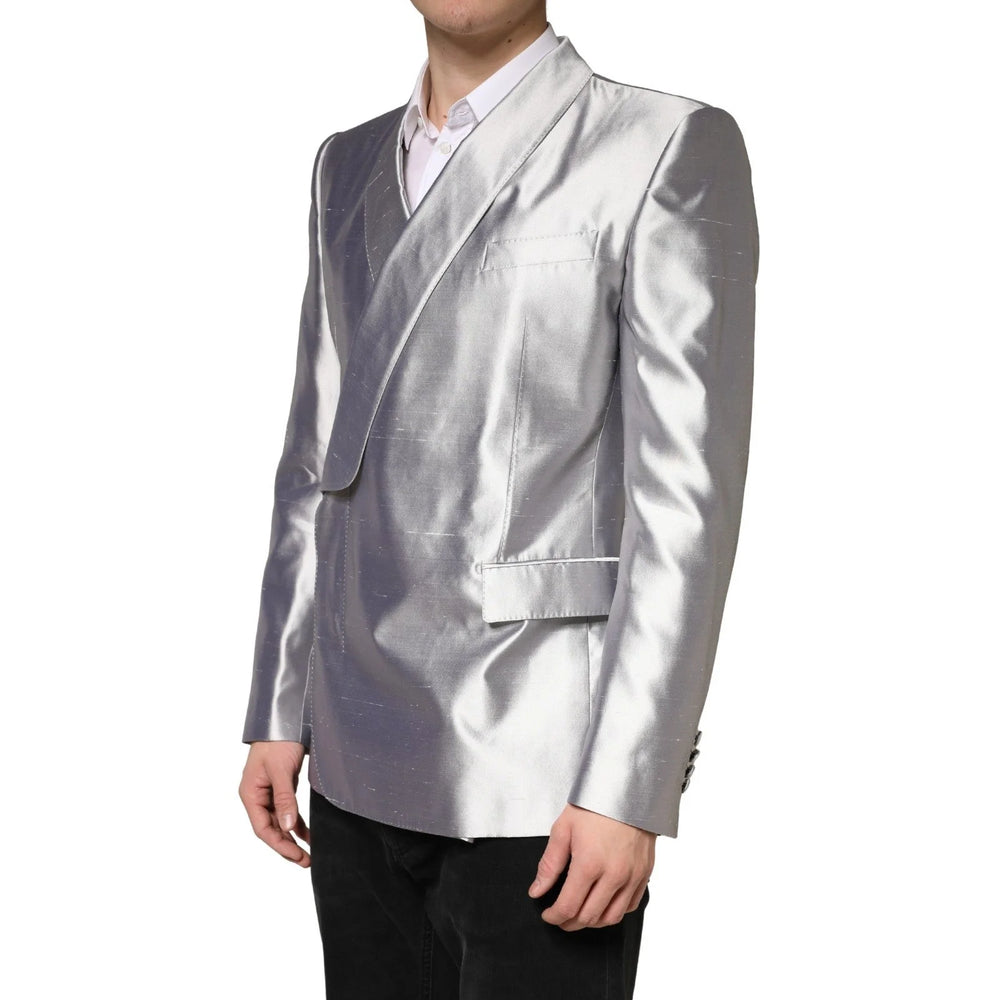Dolce & Gabbana Silver SICILIA Silk Double Breasted Blazer - IT48 | M