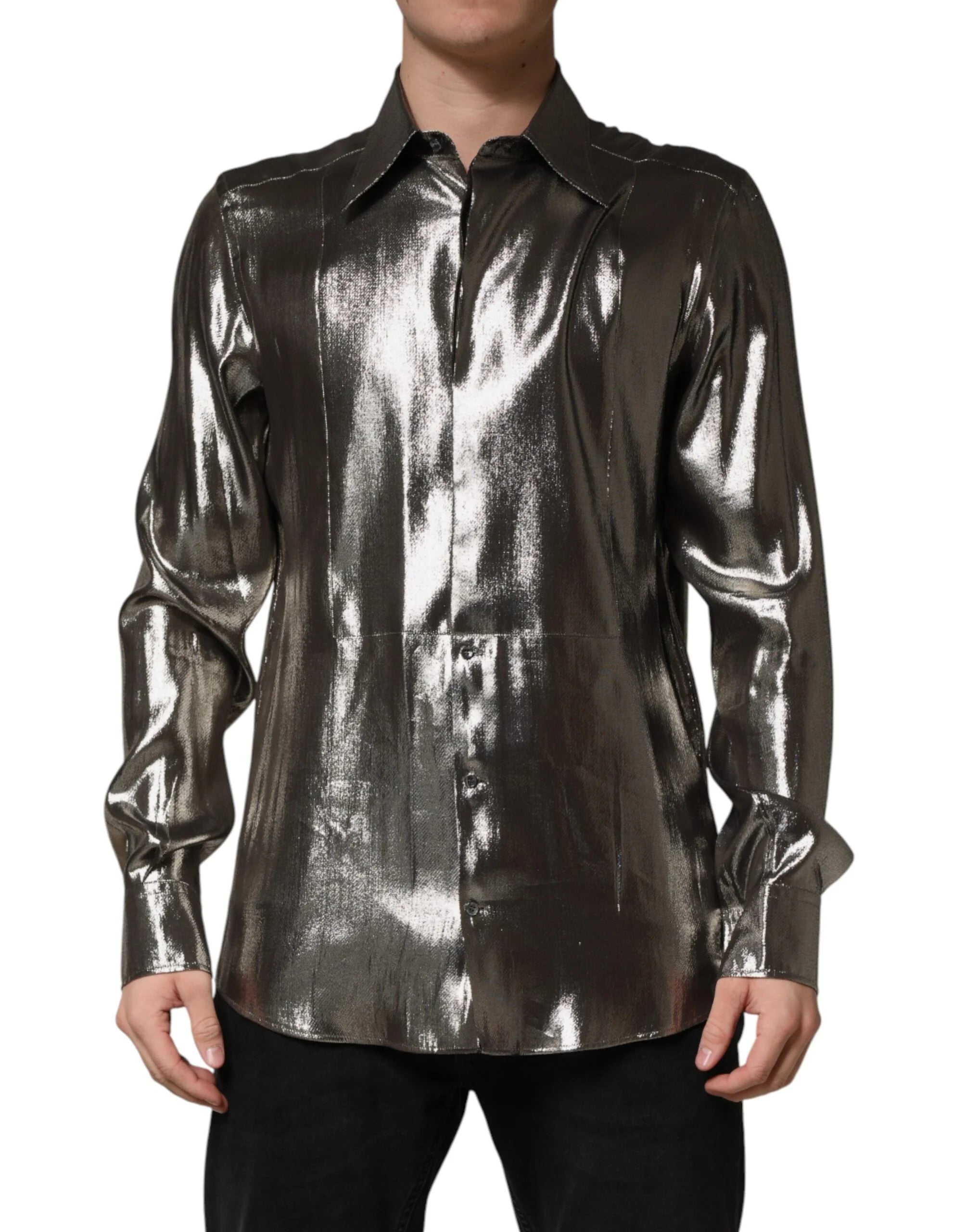 Dolce & Gabbana Silver Silk GOLD Collared Dress Formal Shirt - IT41 | L