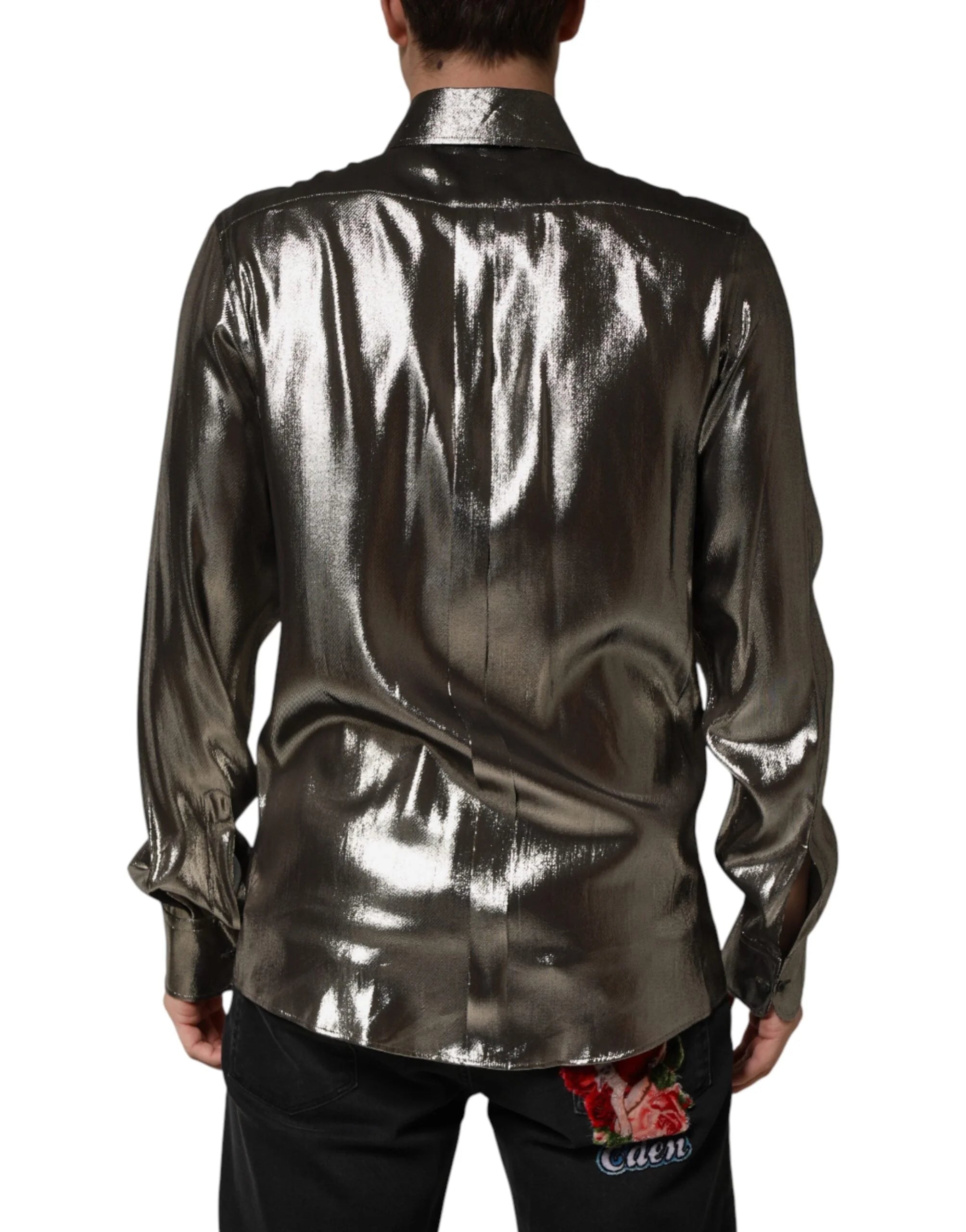 Dolce & Gabbana Silver Silk GOLD Collared Dress Formal Shirt - IT41 | L