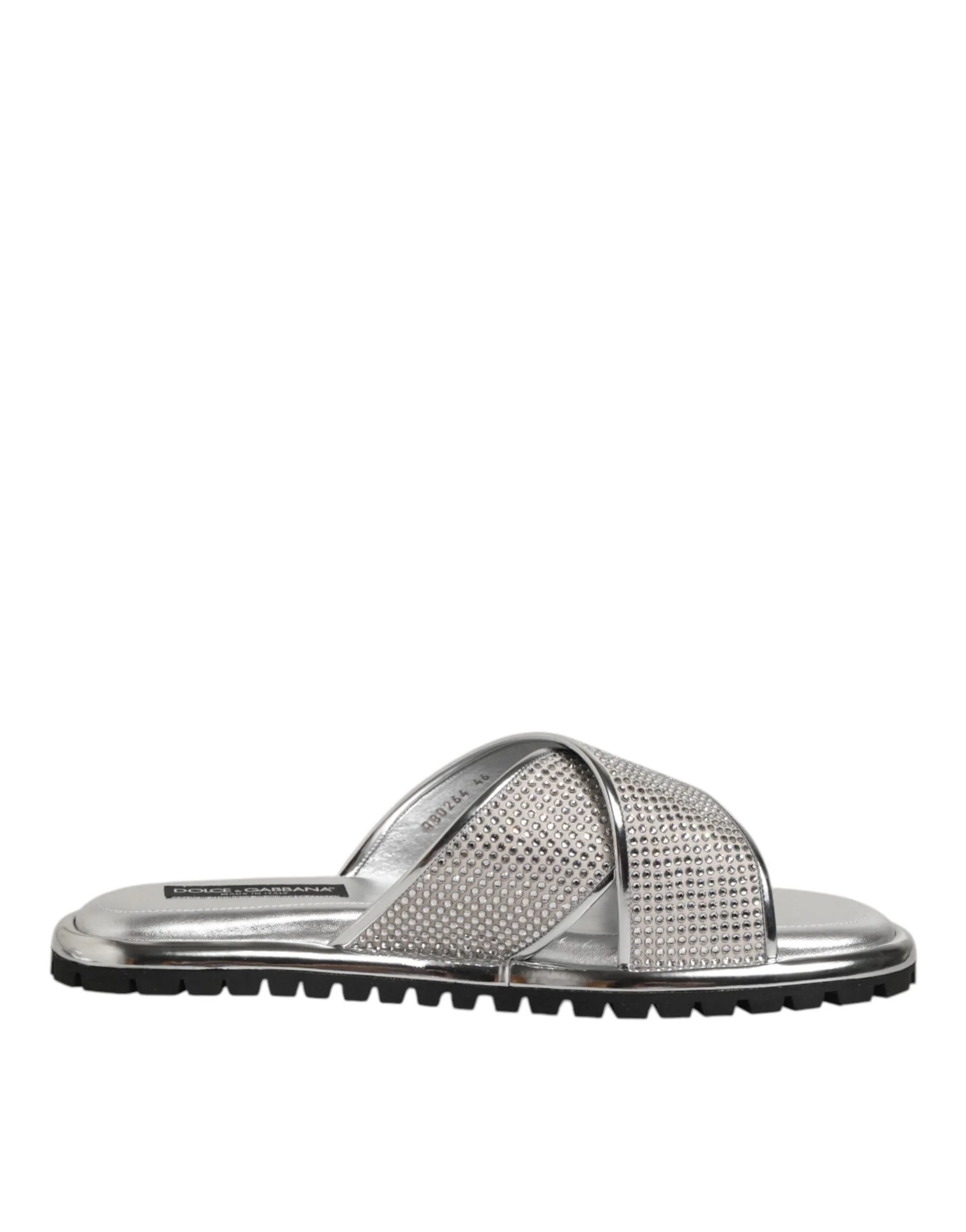 Dolce & Gabbana Silver Strass Slides Flats Slippers Shoes - Sandals