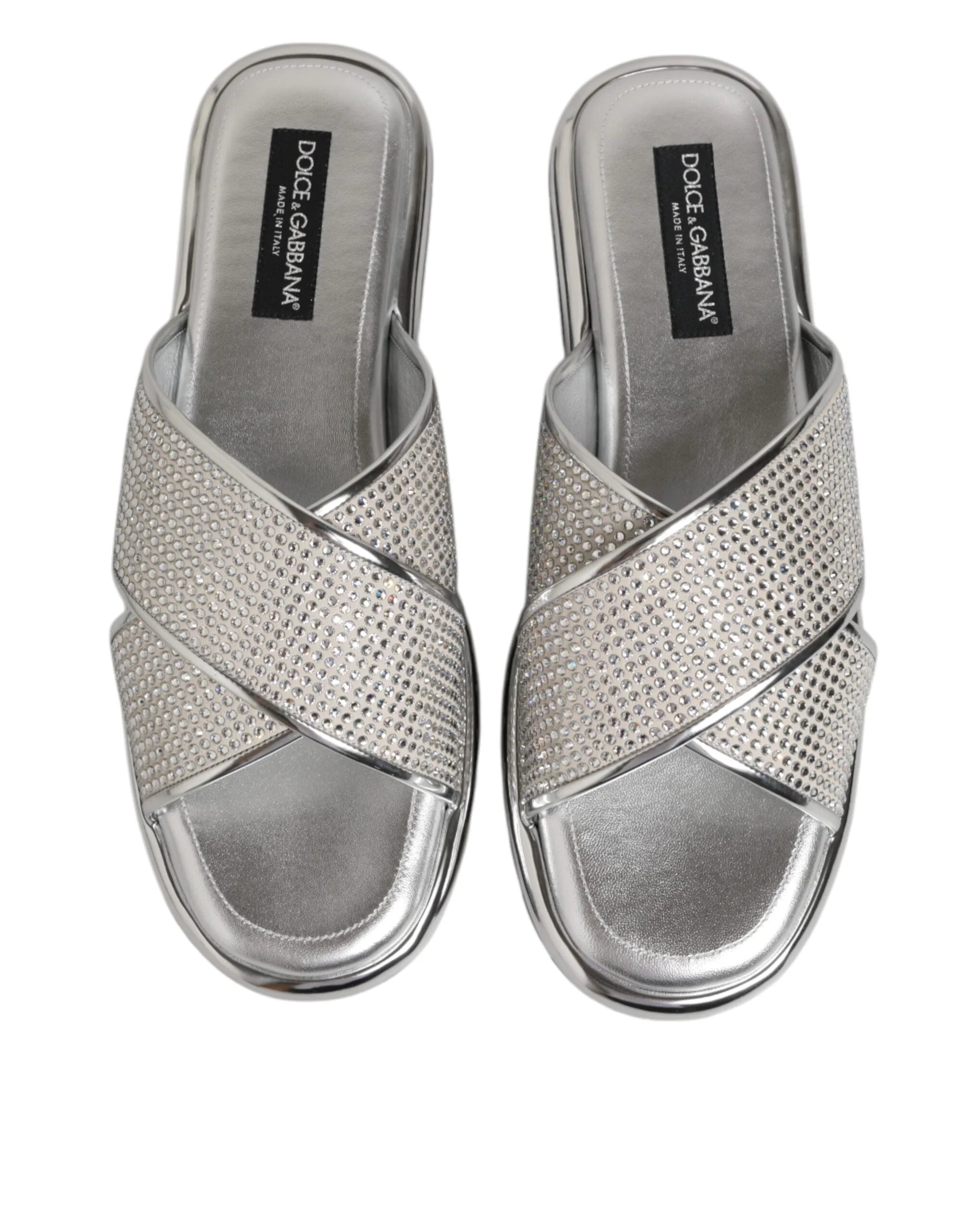 Dolce & Gabbana Silver Strass Slides Flats Slippers Shoes - Sandals