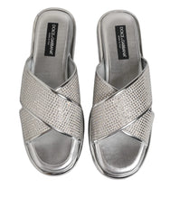 Dolce & Gabbana Silver Strass Slides Flats Slippers Shoes - Sandals