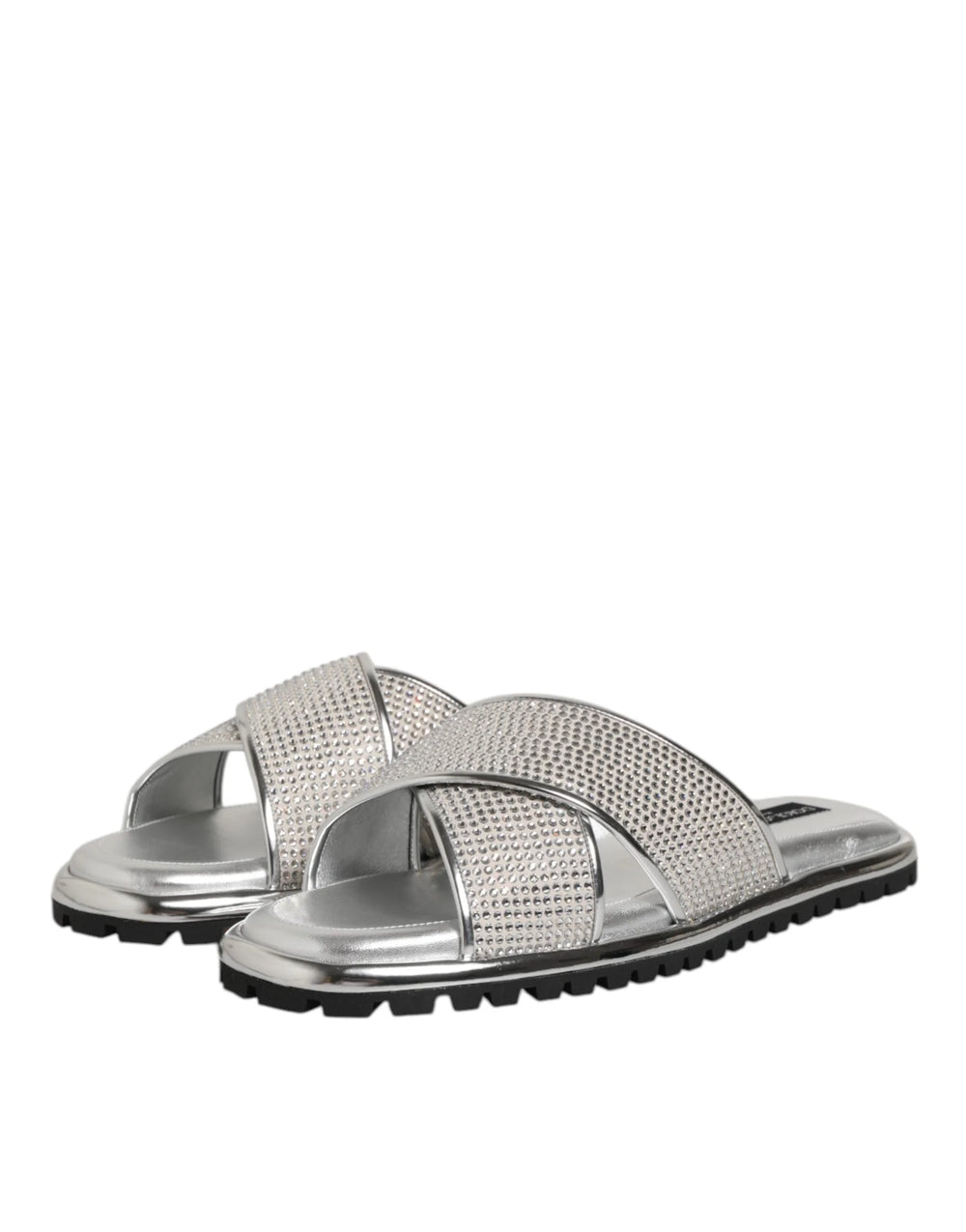 Dolce & Gabbana Silver Strass Slides Flats Slippers Shoes - Sandals
