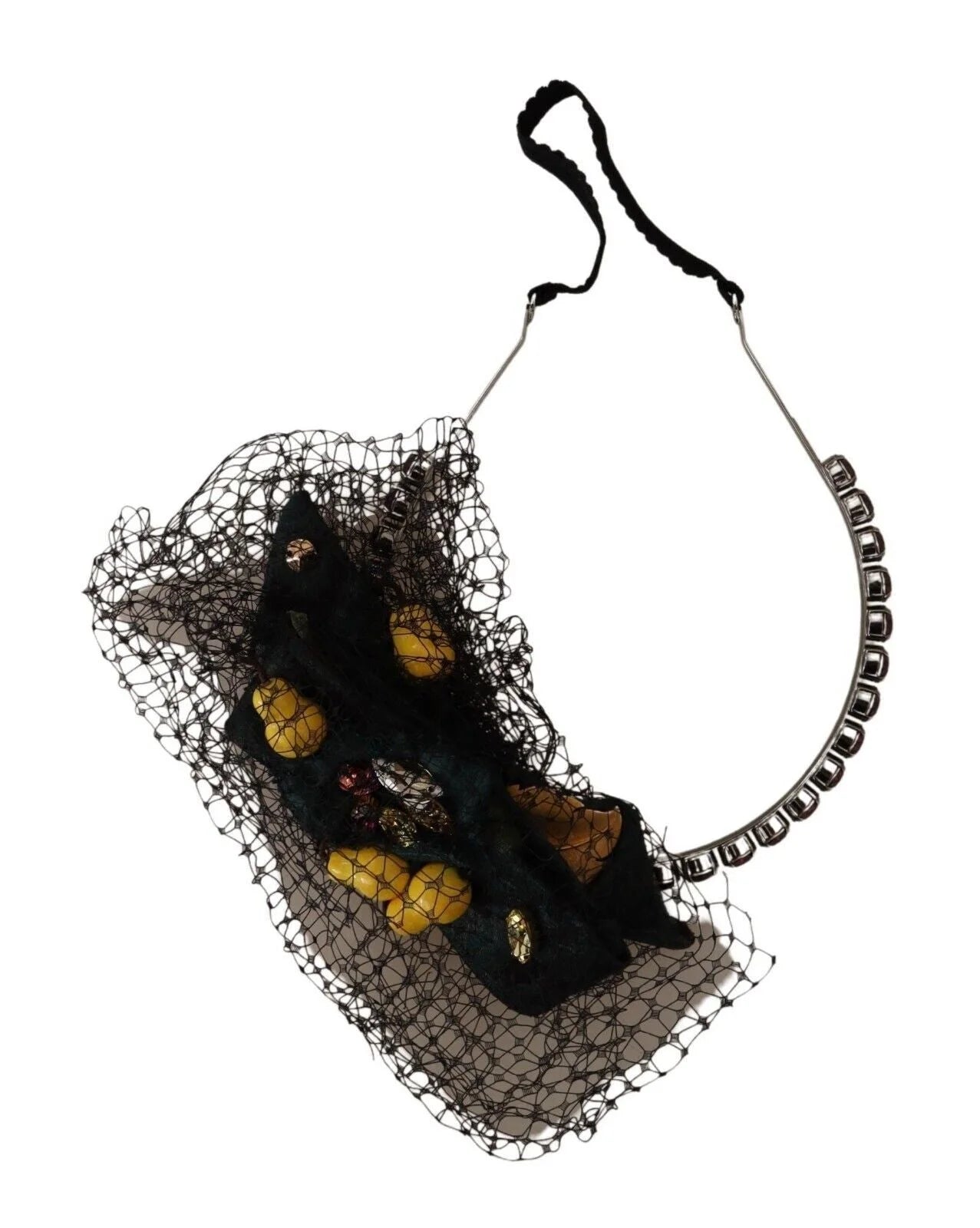 Dolce & Gabbana Silver Tiara Crystals Fruits Black Mesh Diadem Headband - Headbands