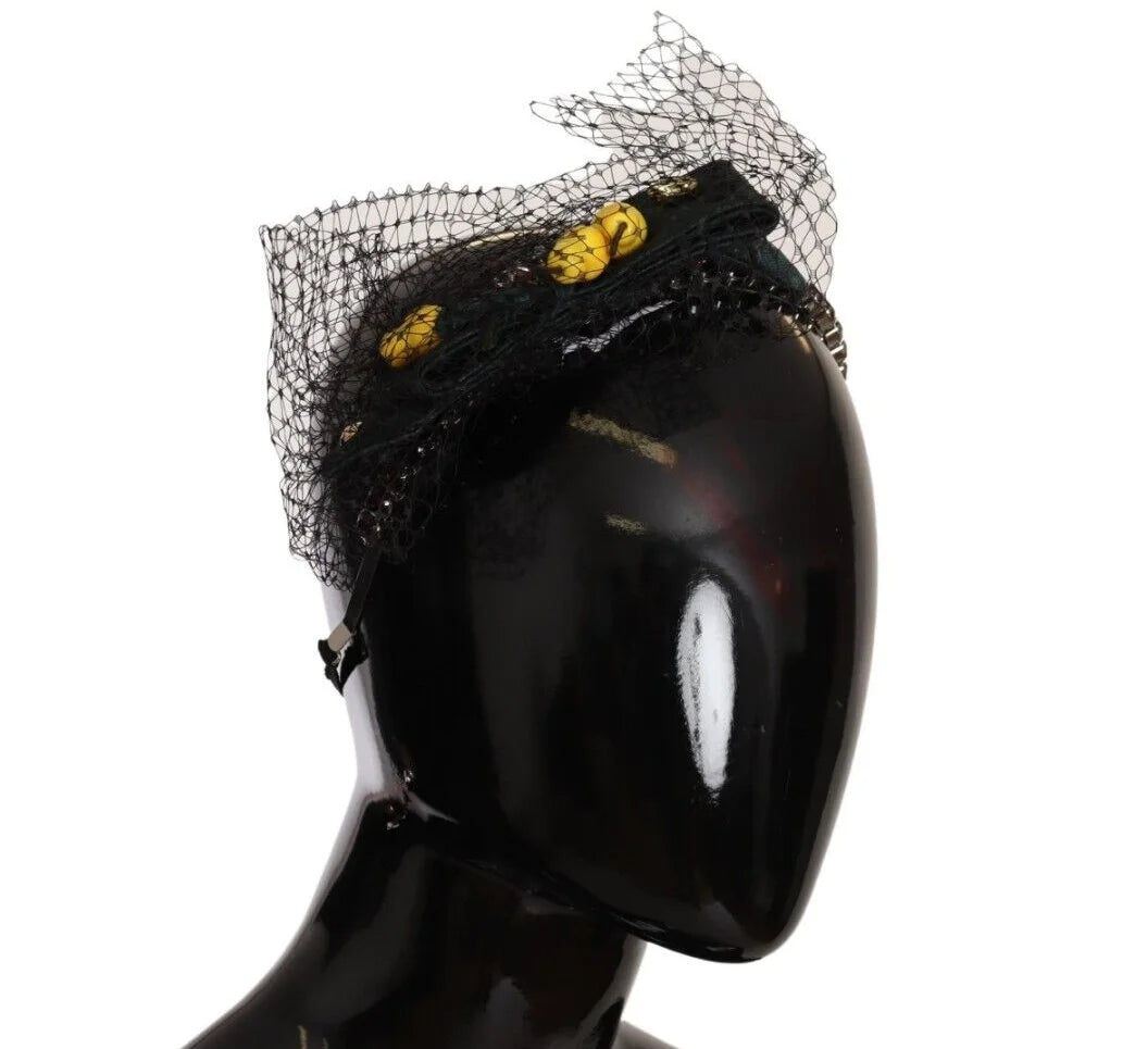 Dolce & Gabbana Silver Tiara Crystals Fruits Black Mesh Diadem Headband - Headbands
