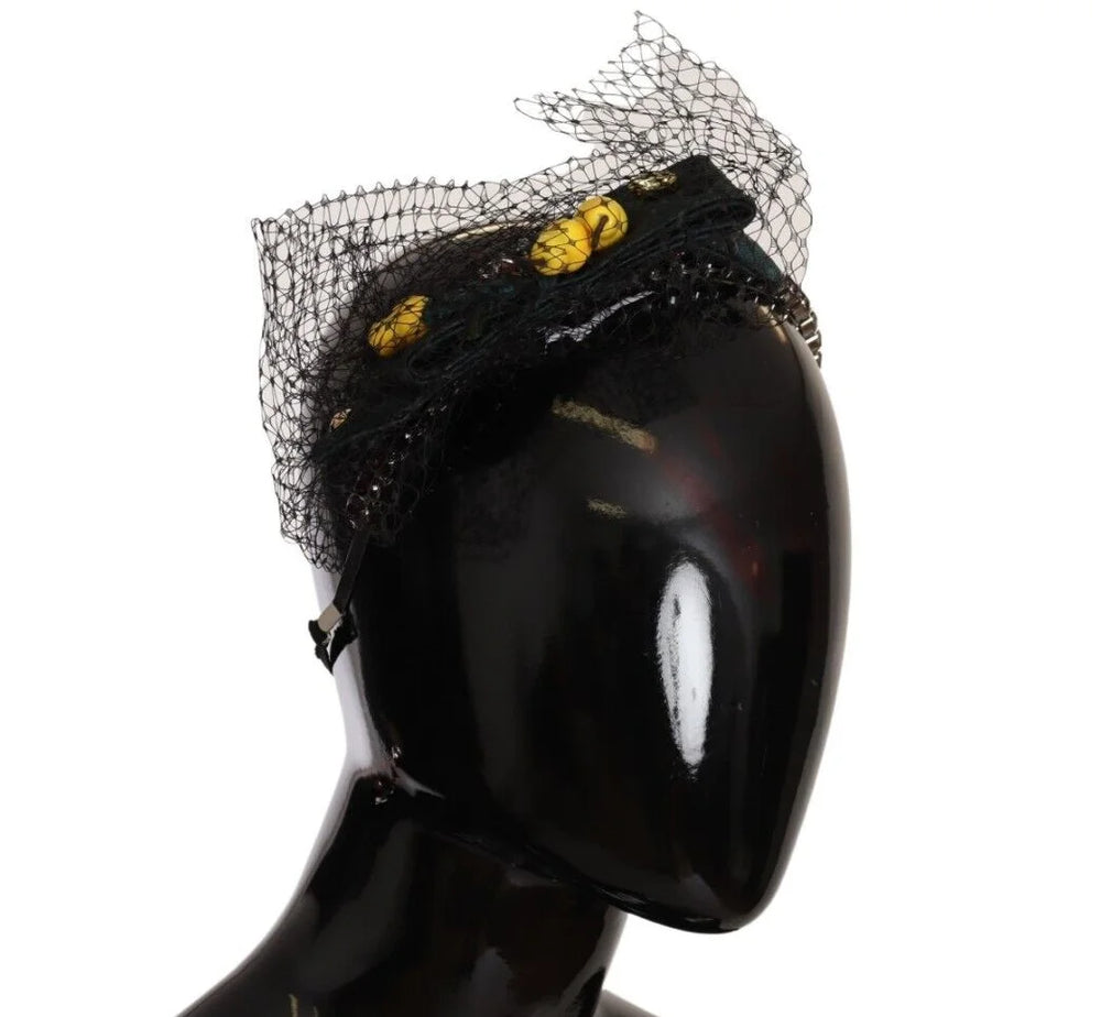 Dolce & Gabbana Silver Tiara Crystals Fruits Black Mesh Diadem Headband - Headbands