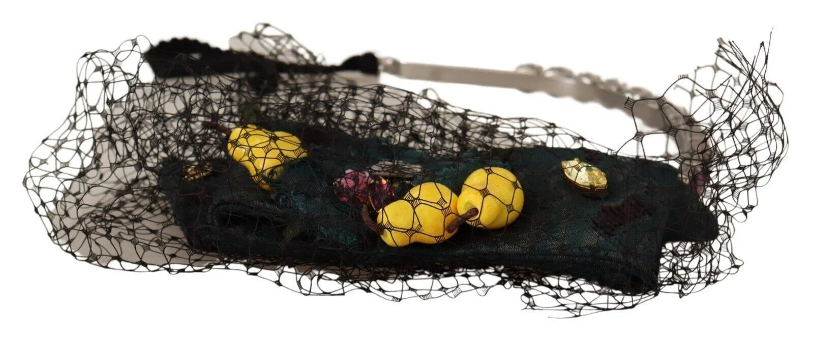 Dolce & Gabbana Silver Tiara Crystals Fruits Black Mesh Diadem Headband - Headbands