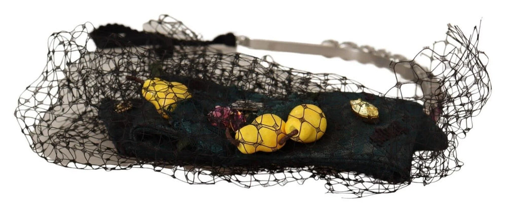 Dolce & Gabbana Silver Tiara Crystals Fruits Black Mesh Diadem Headband - Headbands
