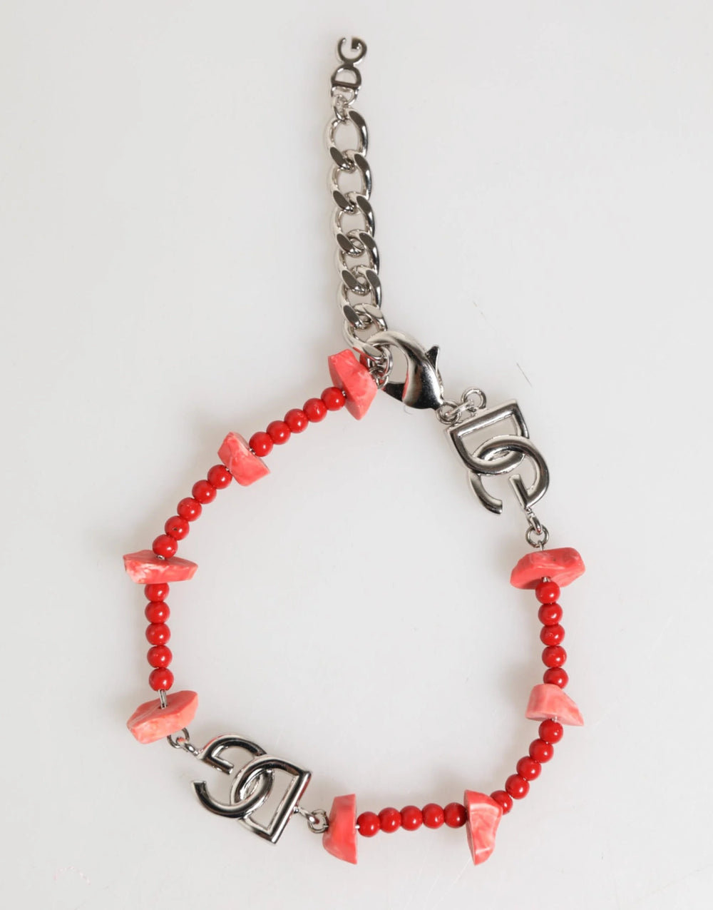 Dolce & Gabbana Silver Tone Brass Beaded Resin DG Logo Chain Men Bracelet - Bracelets