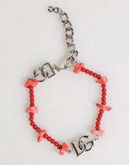 Dolce & Gabbana Silver Tone Brass Beaded Resin DG Logo Chain Men Bracelet - Bracelets