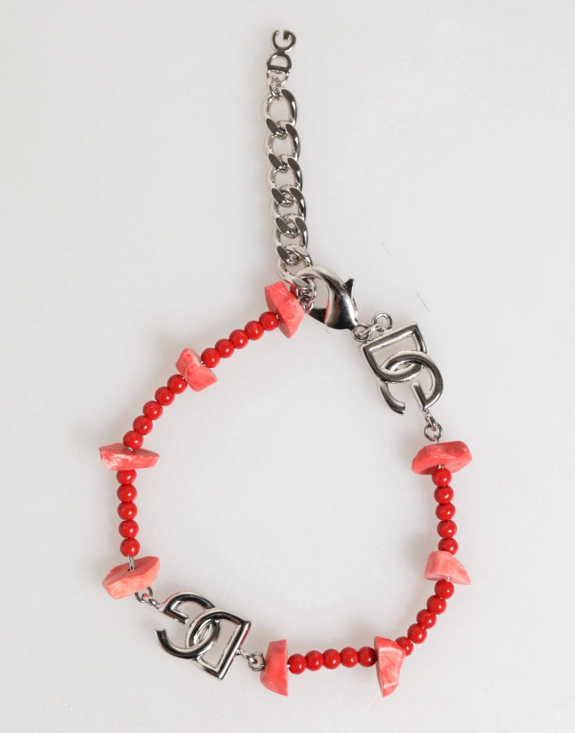 Dolce & Gabbana Silver Tone Brass Beaded Resin DG Logo Chain Men Bracelet - Bracelets