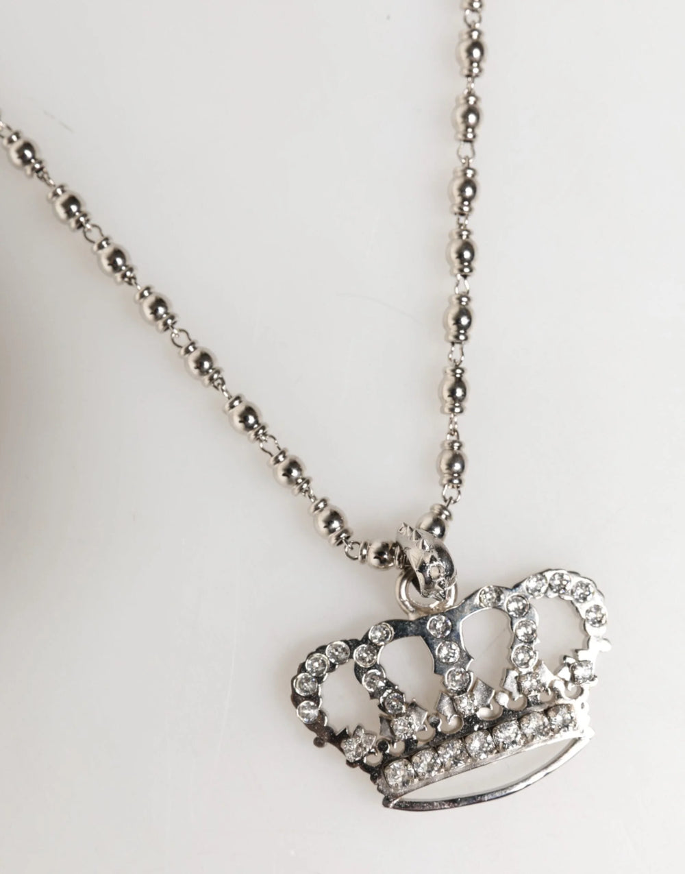 Dolce & Gabbana Silver Tone Brass Chain Crown Crystal Pendant Necklace