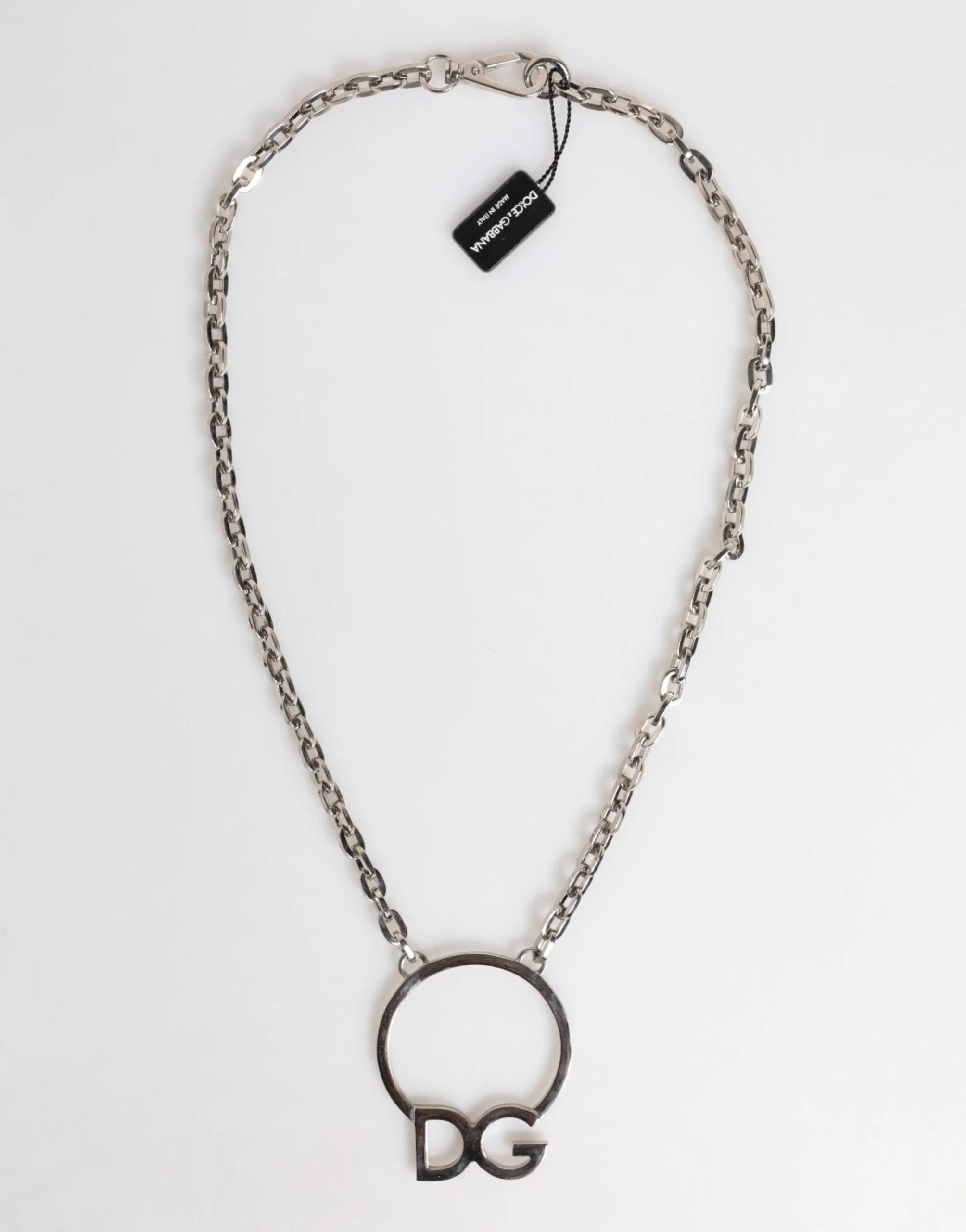 Dolce & Gabbana Silver Tone Brass Chain DG Logo Pendant Men Necklace - Necklaces