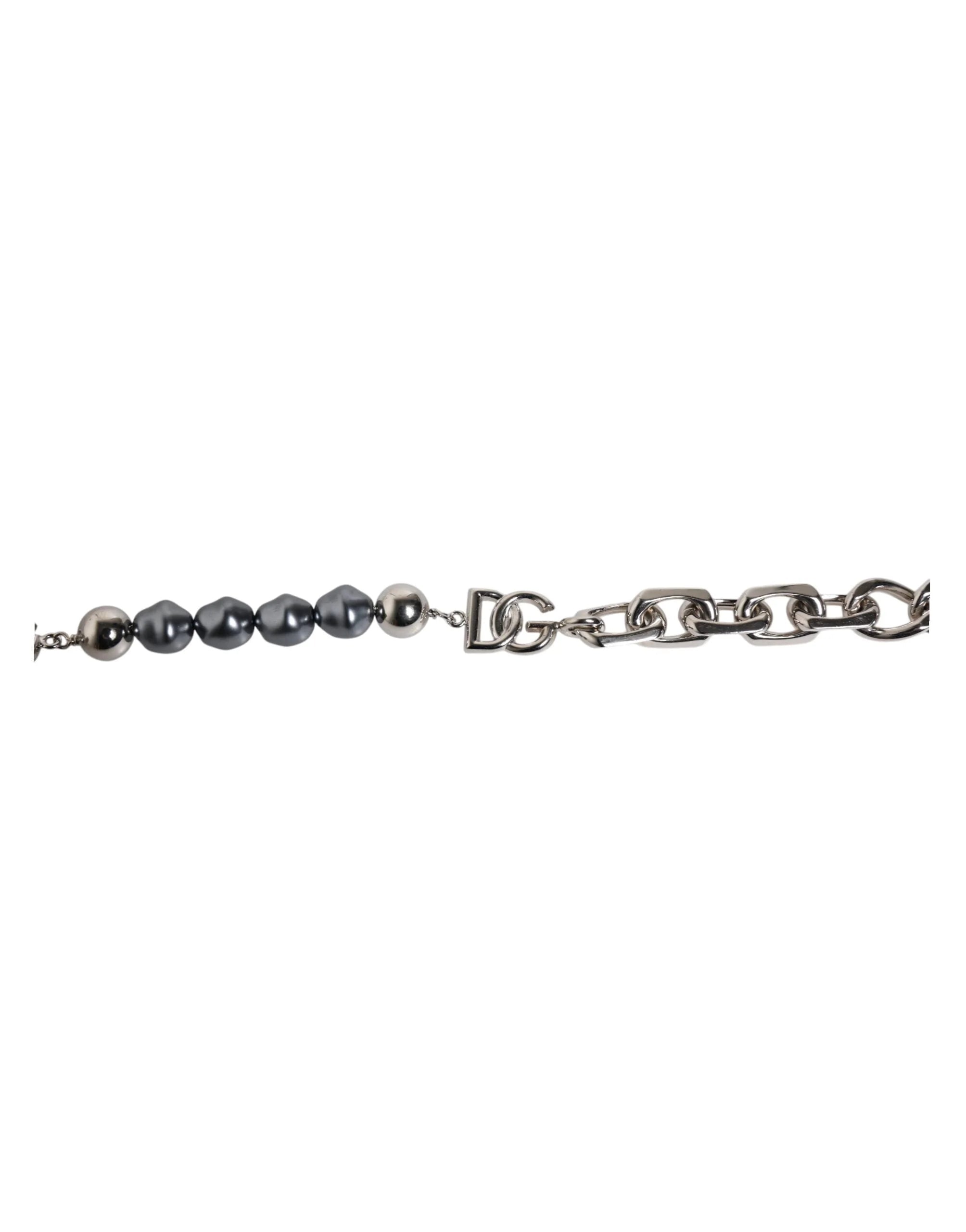 Dolce & Gabbana Silver Tone Chain Lobster Clasp Logo Gray Pearls Bracelet - Bracelets
