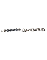 Dolce & Gabbana Silver Tone Chain Lobster Clasp Logo Gray Pearls Bracelet - Bracelets