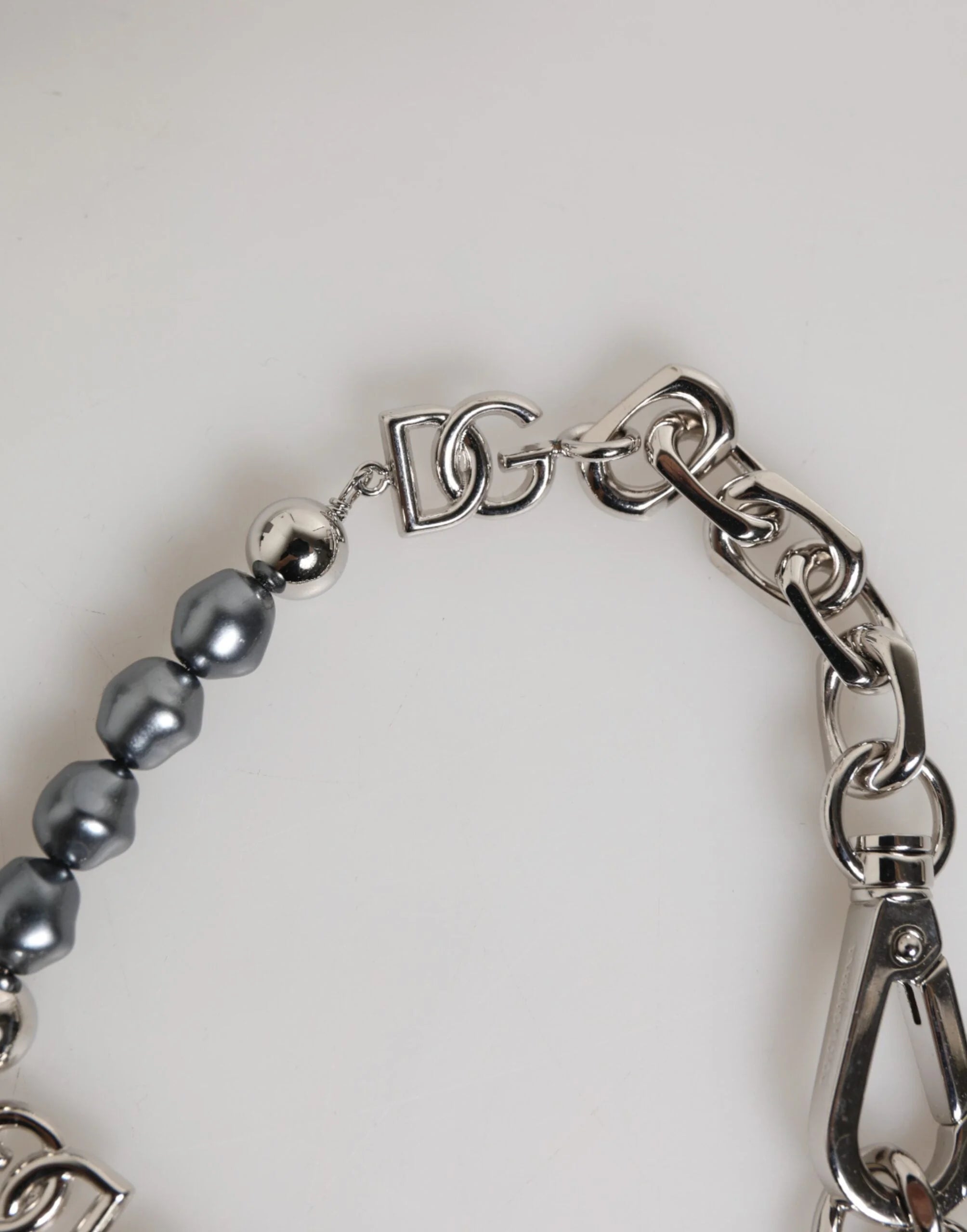 Dolce & Gabbana Silver Tone Chain Lobster Clasp Logo Gray Pearls Bracelet - Bracelets