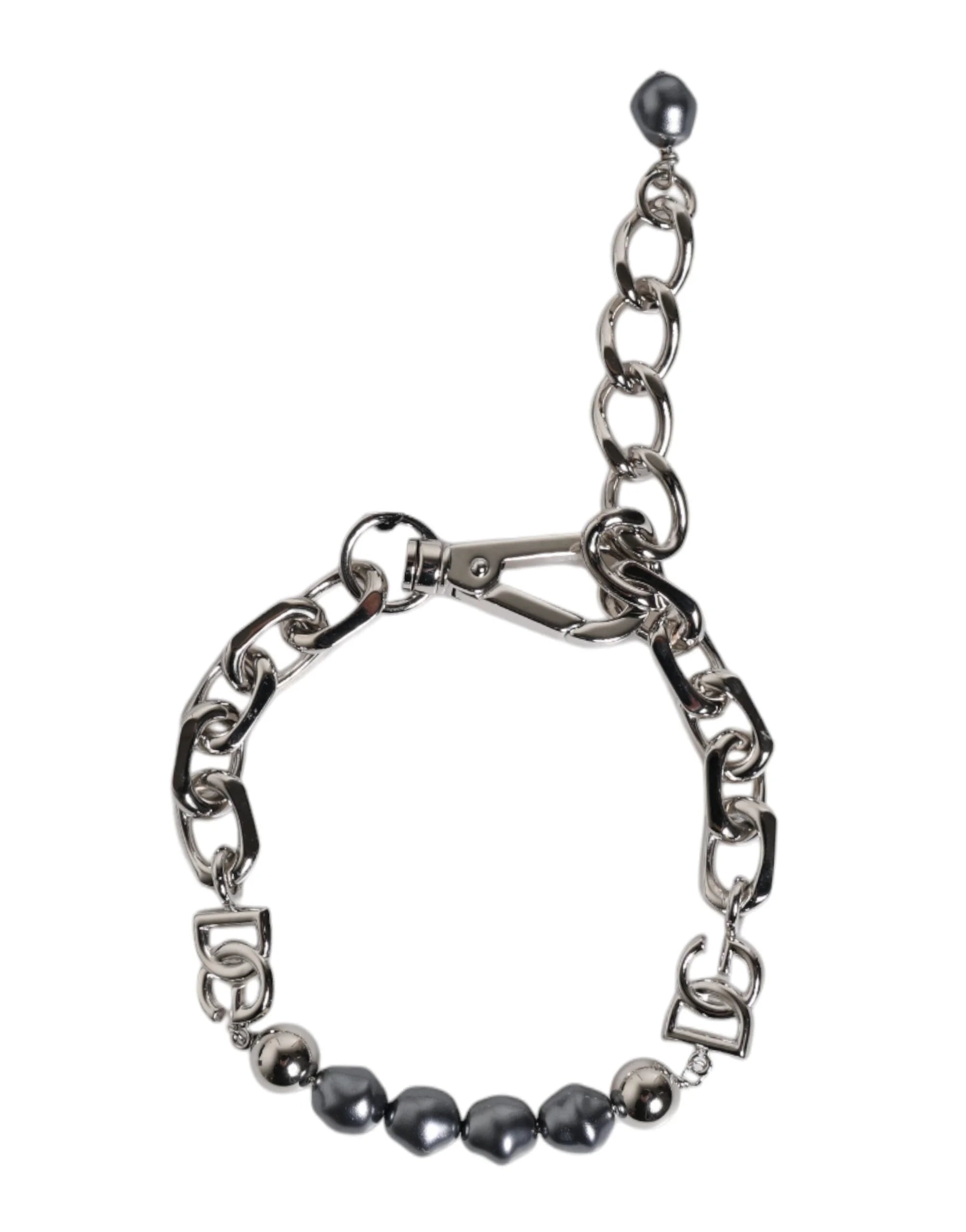 Dolce & Gabbana Silver Tone Chain Lobster Clasp Logo Gray Pearls Bracelet - Bracelets