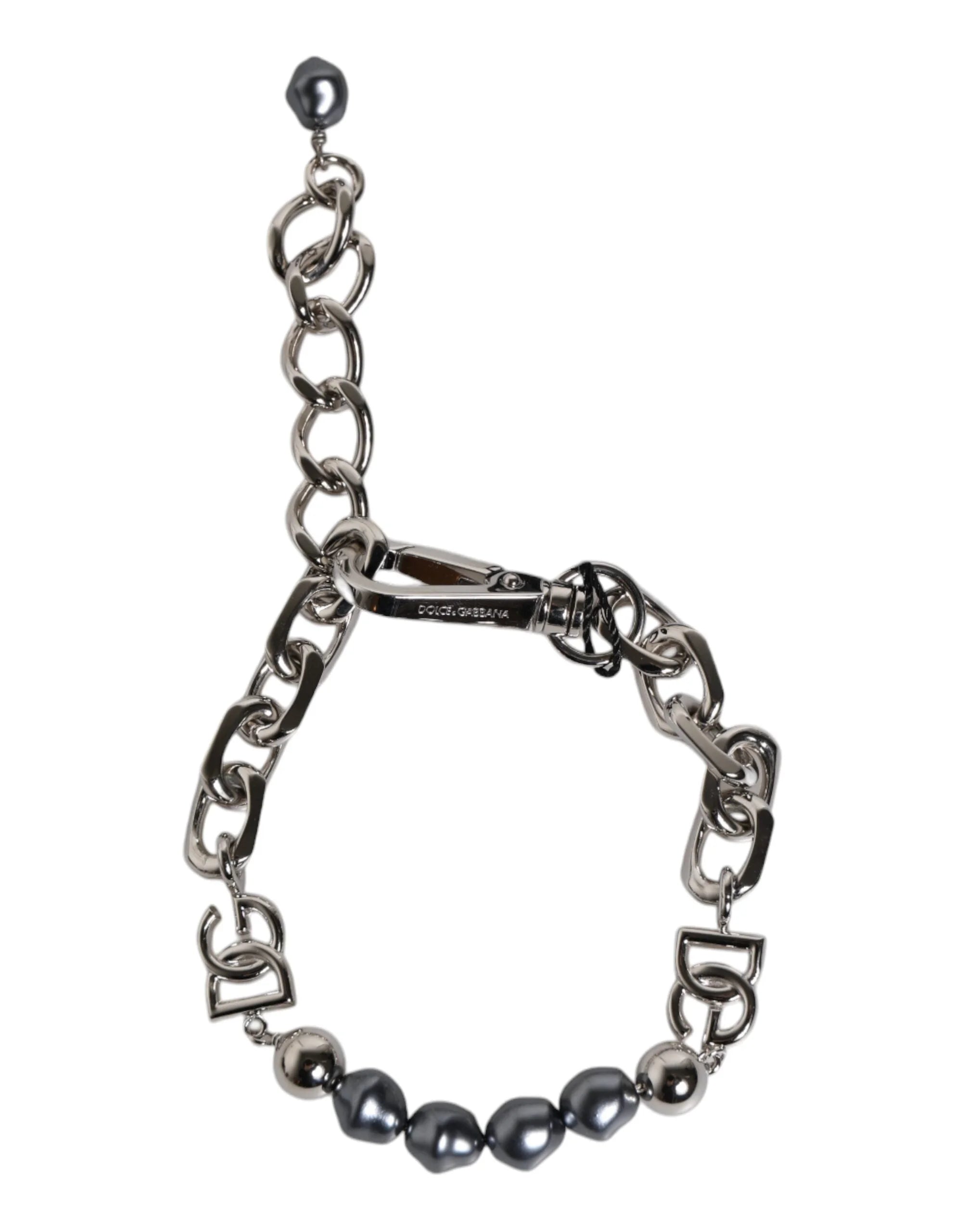 Dolce & Gabbana Silver Tone Chain Lobster Clasp Logo Gray Pearls Bracelet - Bracelets