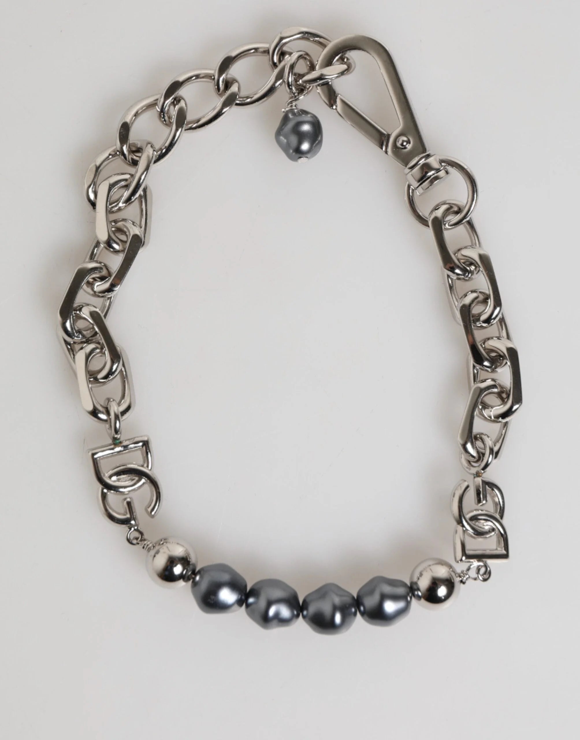 Dolce & Gabbana Silver Tone Chain Lobster Clasp Logo Gray Pearls Bracelet - Bracelets