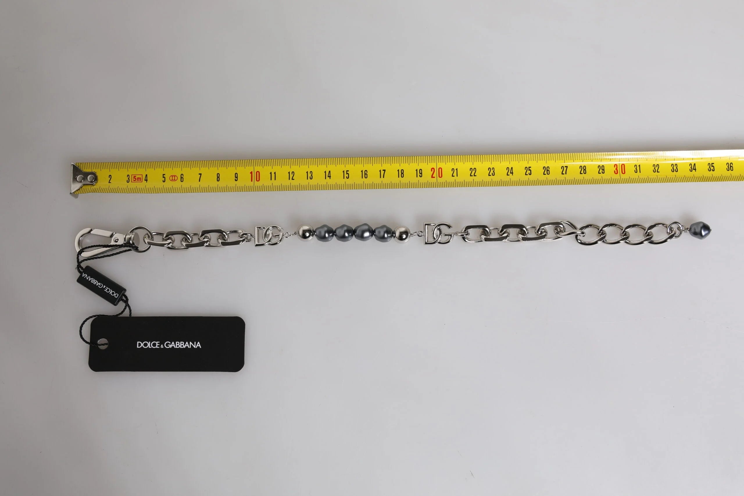 Dolce & Gabbana Silver Tone Chain Lobster Clasp Logo Gray Pearls Bracelet - Bracelets