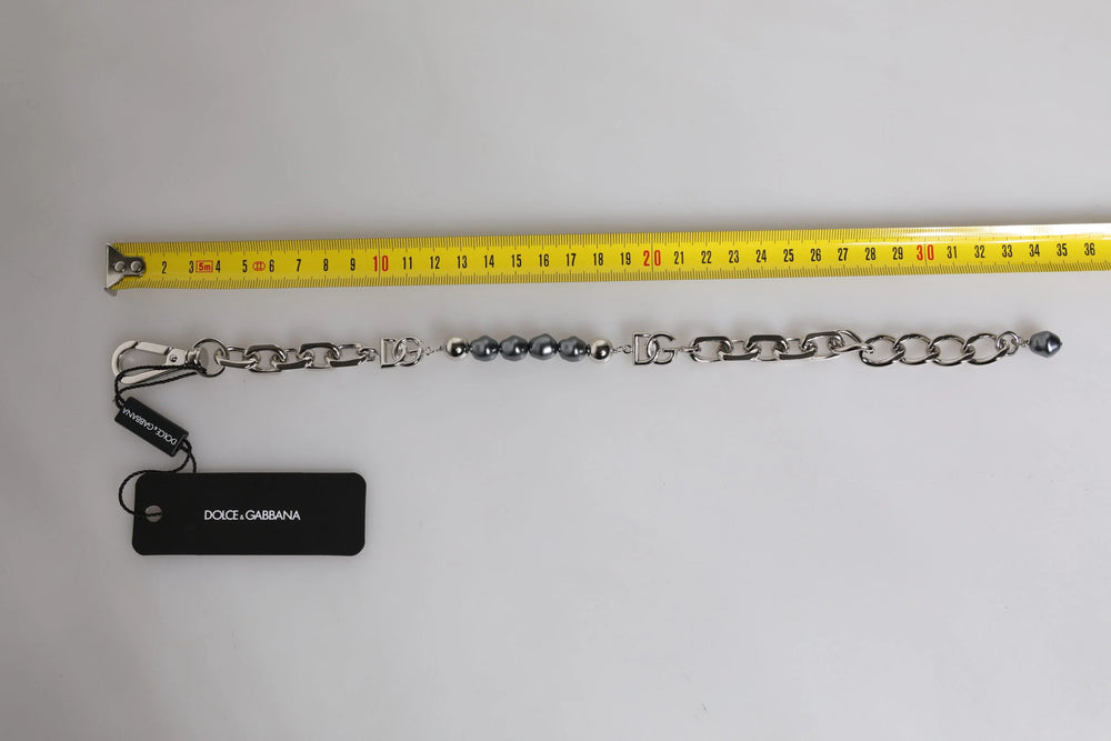 Dolce & Gabbana Silver Tone Chain Lobster Clasp Logo Gray Pearls Bracelet - Bracelets
