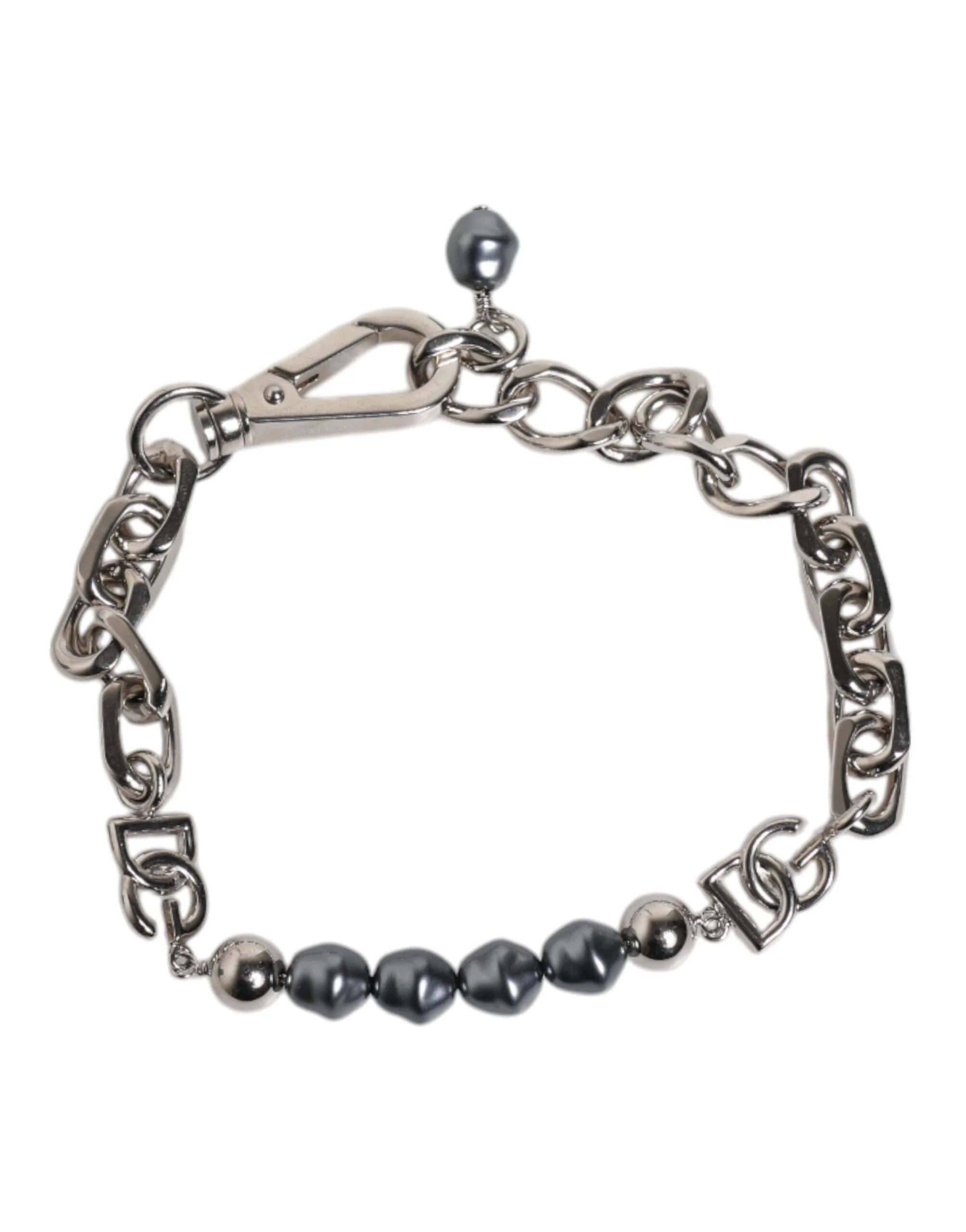 Dolce & Gabbana Silver Tone Chain Lobster Clasp Logo Gray Pearls Bracelet - Bracelets
