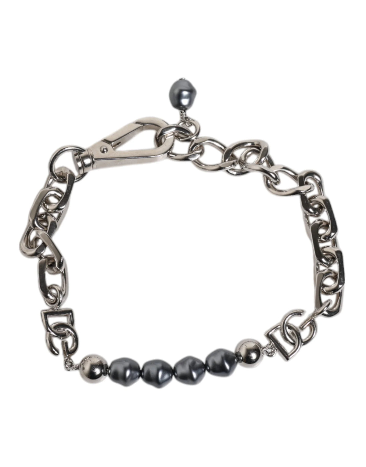 Dolce & Gabbana Silver Tone Chain Lobster Clasp Logo Gray Pearls Bracelet - Bracelets
