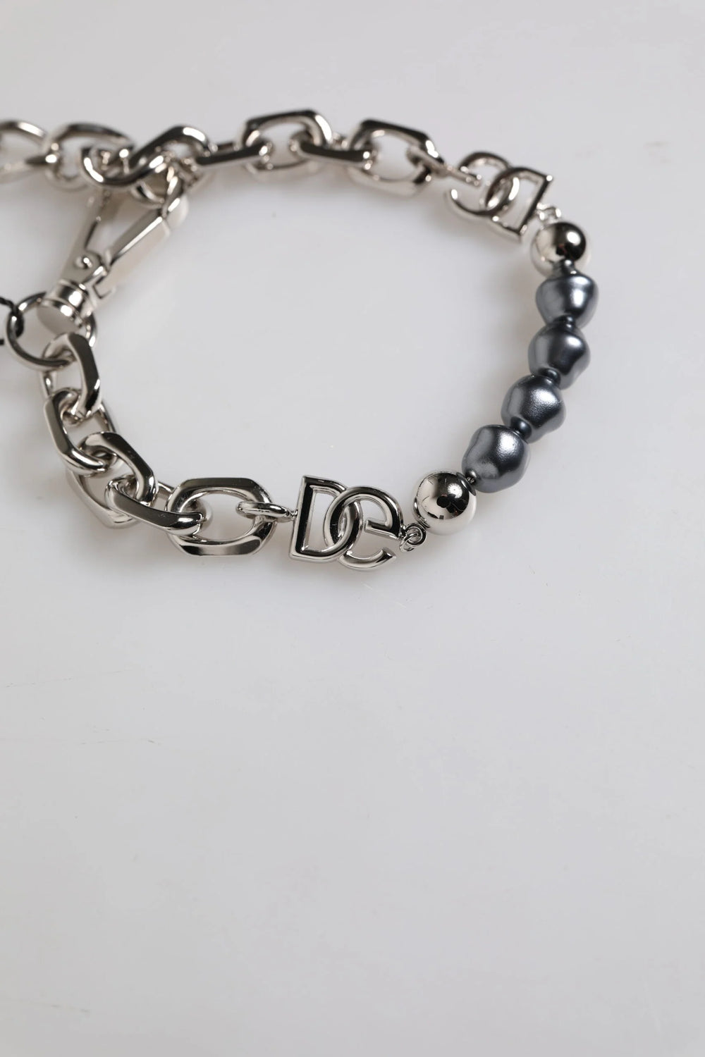 Dolce & Gabbana Silver Tone Chain Lobster Clasp Logo Gray Pearls Bracelet - Bracelets