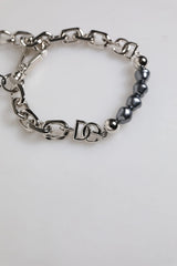 Dolce & Gabbana Silver Tone Chain Lobster Clasp Logo Gray Pearls Bracelet - Bracelets