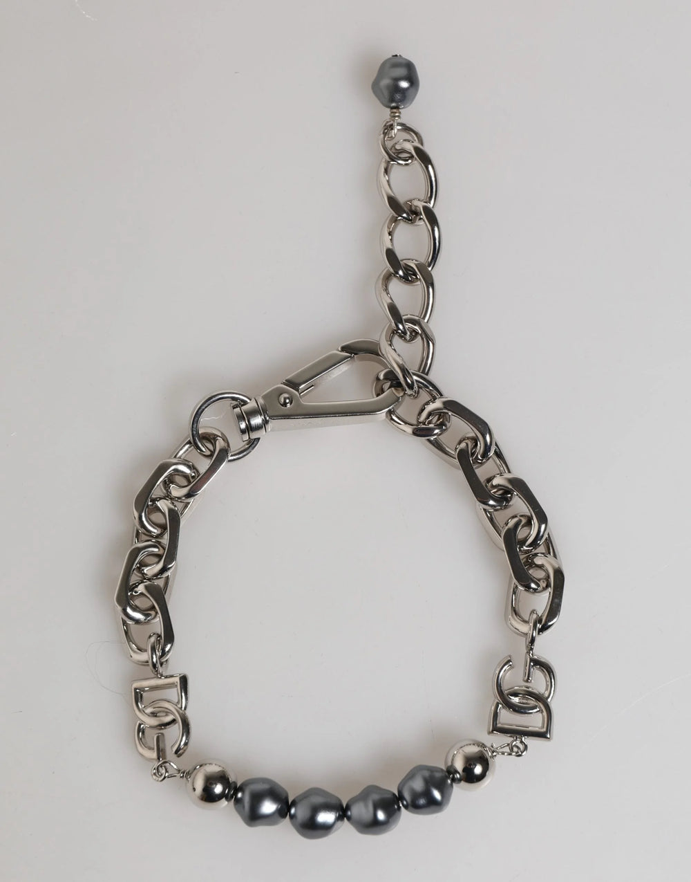 Dolce & Gabbana Silver Tone Chain Lobster Clasp Logo Gray Pearls Bracelet
