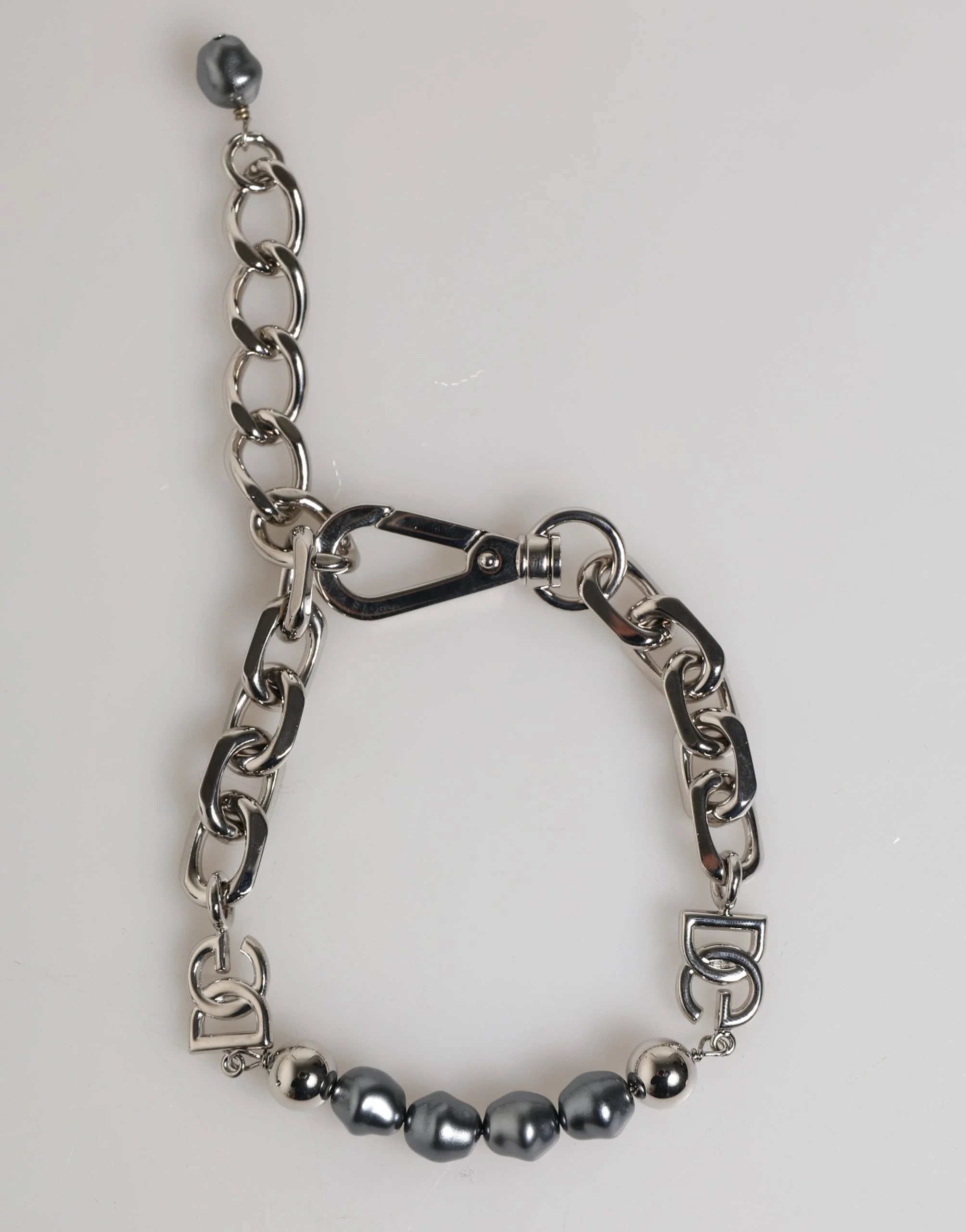 Dolce & Gabbana Silver Tone Chain Lobster Clasp Logo Gray Pearls Bracelet